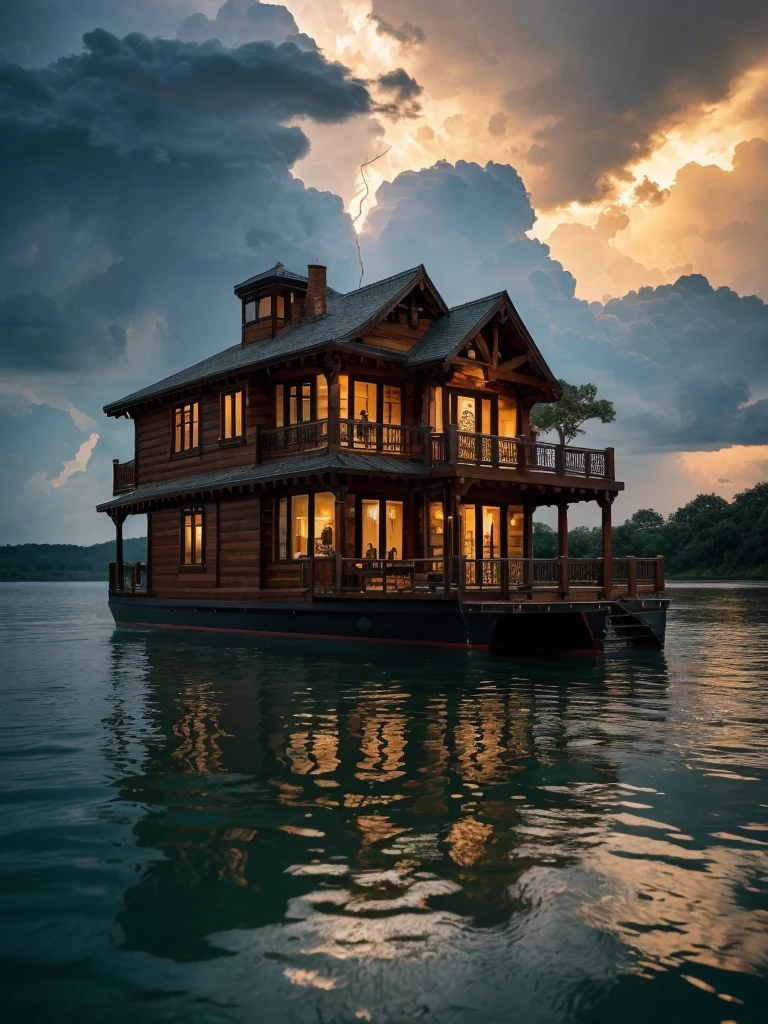 there is a house boat that is floating on the water, wooden boat, peaceful wooden mansion, with lots of details, floating palace, lake house, on a boat on a lake, also very detailed, most detailed, perfectly detailed, taken in 2 0 2 0, stunningly detailed, tiny house, extemely detailed, built on a small, floating buildings, amazing lightning art, natural lightning, creepy lightning, amazing lightning, dramatic lightening, lightning creating life, crackling with lightning, epic lightning, colossal lightning, scary lightning, beautiful lightning, lightning strikes, exquisite lightning, insane lightning, national geographic photo”, thunderstorm and fire, lightning strike,