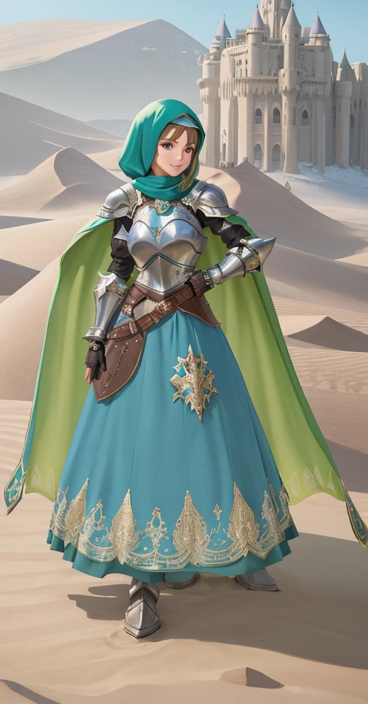 masterpiece, best quality:1.2), 1girl, smile, looking at viewer, green eyes, short brown hair, princess, armor, blue hijab headscarf, pauldrons, armored dress, green cloak cape, wearing puffy blue ballgown skirt, armored boots, fingerless gloves, standing in front of desert castle
