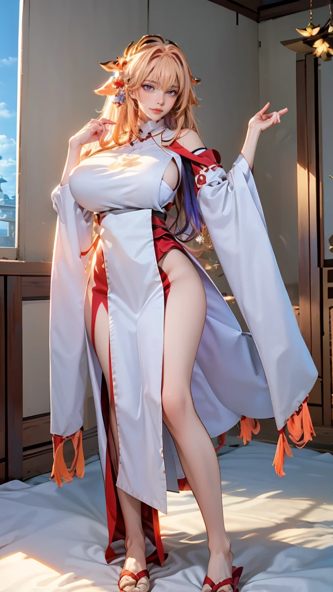 Best quality, masterpiece, ultra high res, raw photo, beautiful and aesthetic, deep shadow, fairy theme,(ultra detailed:1.3),
1girl, dynamic pose, headdress, (beautiful face, detailed eye:1.2), embarrassed, drill hair, long hair, blonde hair, gradient hair, yellow eyes, solo, (busty breasts, gigantic breasts:1.1), big hair, blue hair, divine goddess, looking at viewer, indoors, royal palace, luxurious bedroom, canopy bed, candlelight, room full of curtain, astraea, full body, (Miko outfit:1.3),