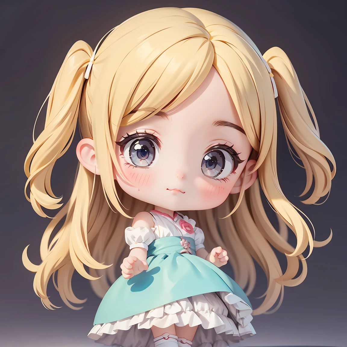 Super Chibi Character:1.8、Wearing cute shoes、background:simple、Blonde Hair、Cute 7 year old girl、Cinderella Dresses、Emotional expressions:1.8、Emotional poses:1.8、Looking this way