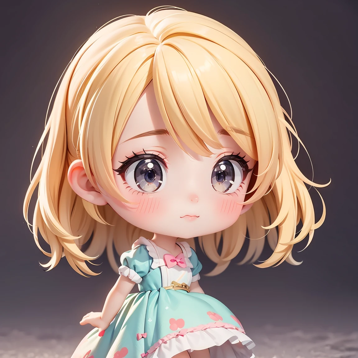 Super Chibi Character:1.8、Wearing cute shoes、background:simple、Blonde Hair、Cute 7 year old girl、Cinderella Dresses、Emotional expressions:1.8、Emotional poses:1.8、Looking this way
