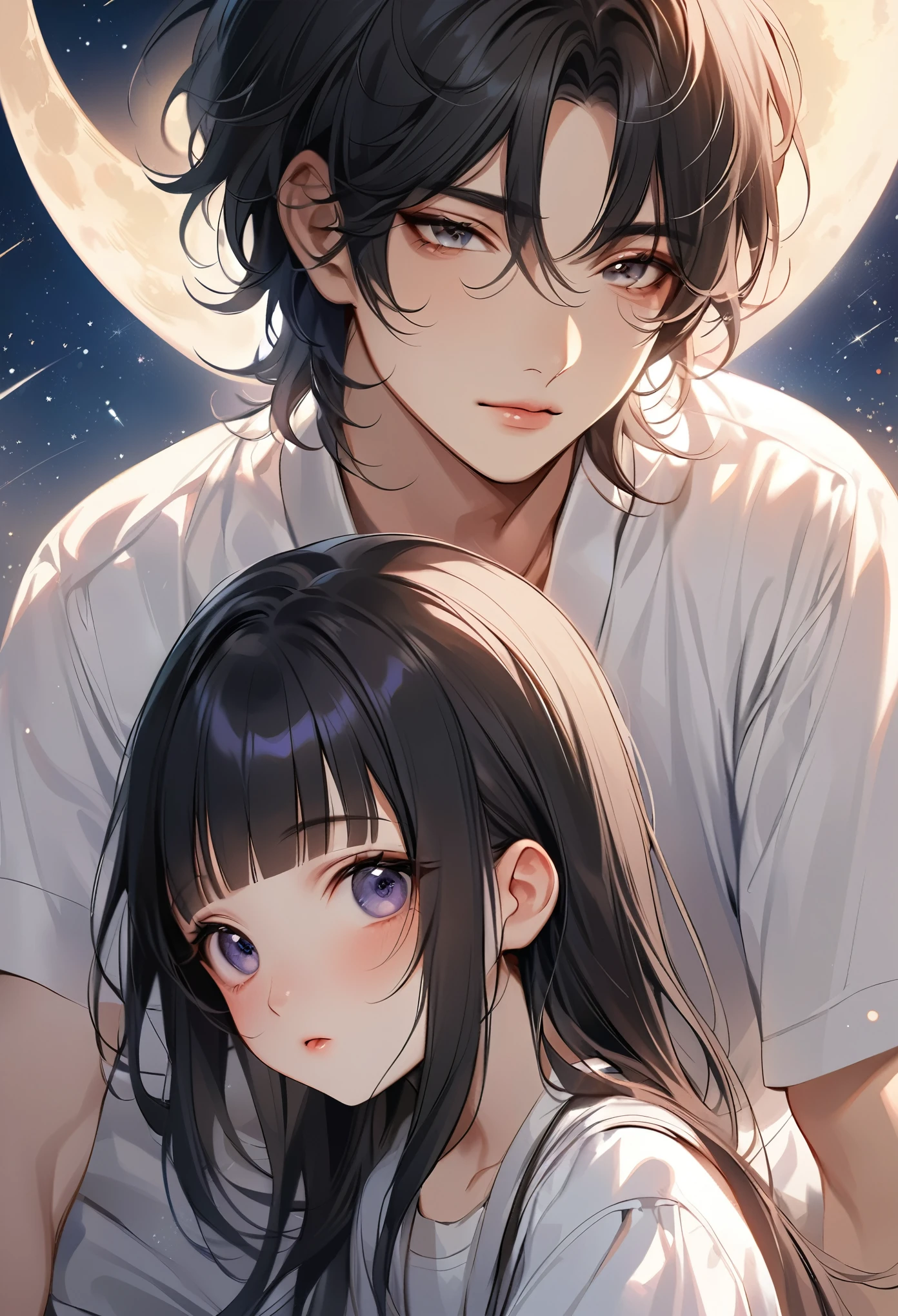 cute anime-style face, Chisato, black hair with bangs, cute and delicate face, young cute pale Asian face, Sakimichan, midday moon and stars in the sky, A handsome boy in a white shirt, Realistic anime boy