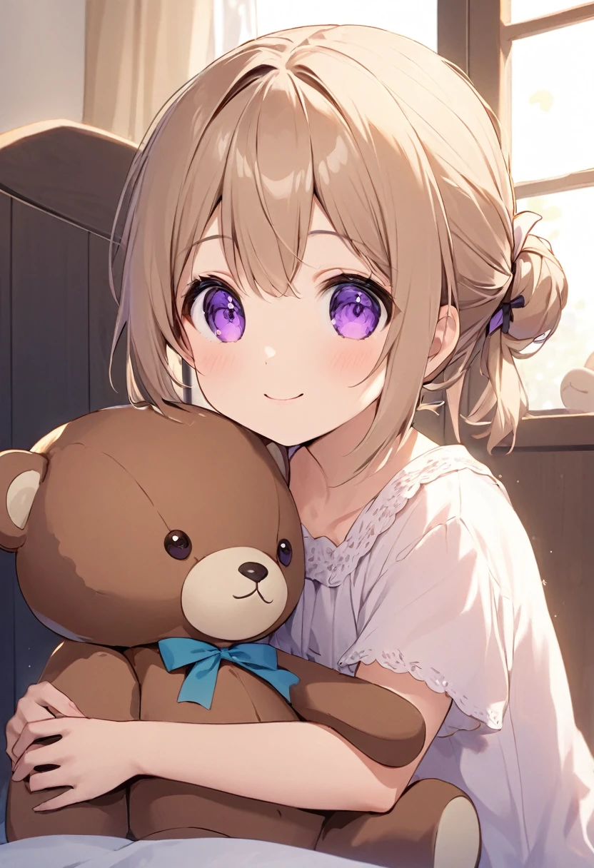。3 years old。Light brown hair。Purple Eyes。Hair tied loosely。smile。Gentle atmosphere。Have a stuffed bear、