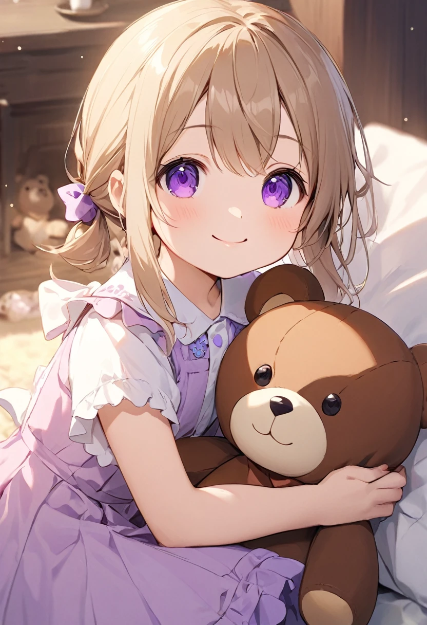 。3 。Light brown hair。Purple Eyes。Hair tied loosely。smile。Gentle atmosphere。Have a stuffed bear、