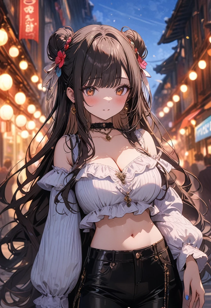 (masterpiece), best quality, very aesthetic, newest, absurdres, detailed, high quality
BREAK
highest quality, top quality, details, highres, ultra fine painting, digital art, official art, cinematic, 4k, 8k resolution, 8K CG wallpaper, CG, original artwork, detailed background, colorful background, blue atmosphere, High Dynamic Range, blurry background, blue hour, Starburst effects, crepuscular rays, good ISO, high resolution, wide shot, from far away, RAW photo, POV, sharp focus, light reflection, reflections, intricate details, soft light, particle noise, professional photography, bokeh, depth of field, natural lighting, vibrant colors, looking away, detailed lights and shadows, stylish, ultra-detailed, top rated on Pixiv, trending on Artstation, niji style, modern-days, master crafted, pose
BREAK
solo, (close up), 1girl, pale skin, correct fingers, detailed hand, (big breasts:1.2), big thighs, small torso, short body, flushtered, blush, anxious expression, embarassed, embarassed act, casual, slim, ((cute, childlike face):1.3), nice body, nice hips, brown hair, (very long flowing hair), (big 2 buns hairstyle)), long bangs, long hair, middle hair bangs, brown eyes
BREAK
(white frilly loose-fitting crop shirt, long sleeve, (panties), cleavage, choker, casualwear style, detailed tummy, belly button, modern fashion)
BREAK
tranquil park scene, the park features lush, green grass, a variety of trees in different shapes and sizes, Include a vibrant flower garden with a mix of colorful blooms.