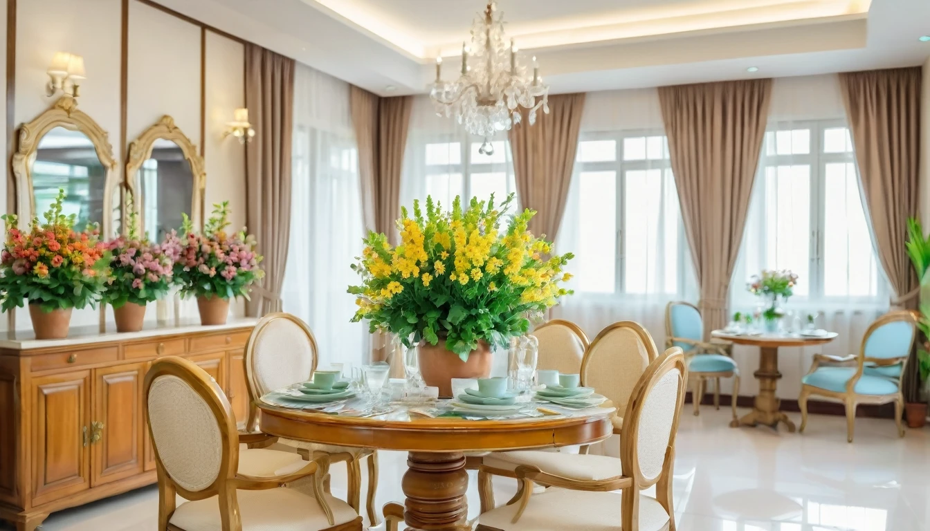 in a room that is bright during the day, beautiful room layout, arrangement of guest chairs, decorated with natural flower flower pots, interior background of ceramic glass plates arranged on a blurred wooden cupboard