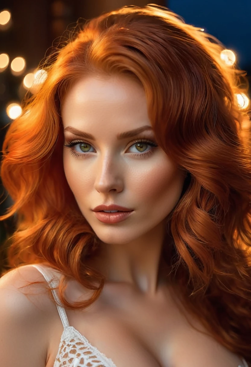 A stunning close-up of Anna Nikonova, also known as NewMilky, captures the ravishing allure of Amouranth's fiery locks. Soft, golden lighting caresses her porcelain complexion and highlights her luscious red hair. Framed against a serene balcony backdrop, at night,night sky,low light,night photo graphy,she strikes a sultry pose, showcasing her enviable cleavage. The camera's gentle focus on her radiant features leaves no doubt - this young beauty is a jaw-dropping redhead goddess.