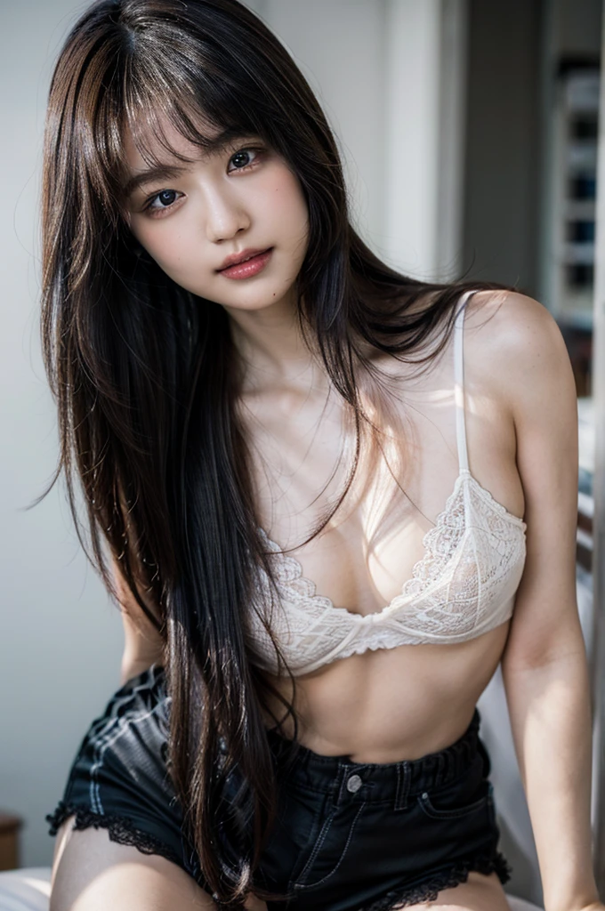 (8k:1.2), best quality, masterpiece, (ultra highres:1.2), beautiful detailed eyes, long eyelashes, double eyelid, high detail, detailed hairstyle, detailed face, hyper realistic, 1girl, solo, (pale skin:1.2), (18 years old), (medium breasts), sexy, small hips, slender, (medium breasts:1.2),
((lace) lingerie), 
black hair, closed mouth, (smiling:0.8), (start from below: 1.3), black super shorts, s-shaped body, upturned buttocks,
