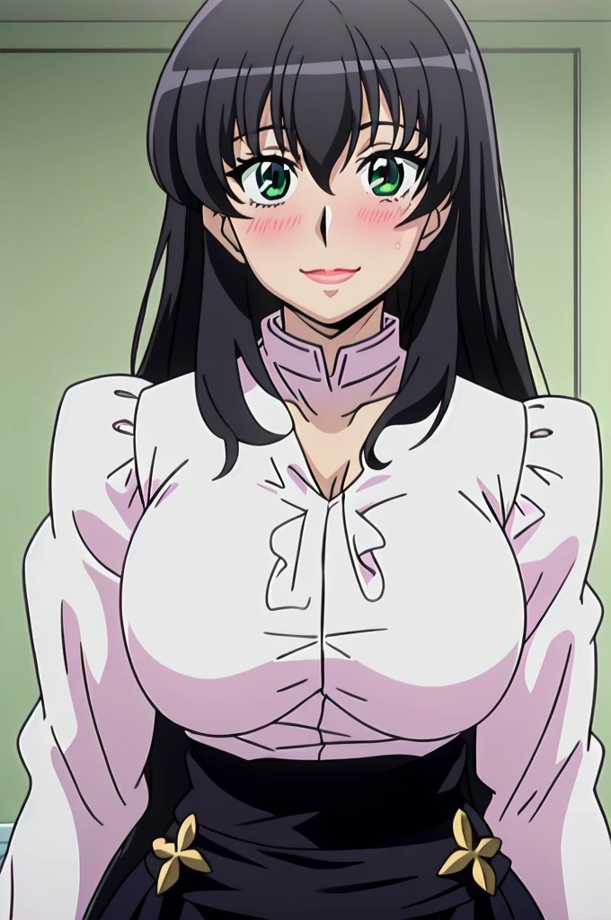 Morinoyuuko, wide, green eyes, too big breasts, lipstick, super tight white sweater that highlights the breasts a lot and a black skirt ,whole body, 1 girl, Alone, looking at the viewer, blushing, Upper part of the body, SMILE, look in love