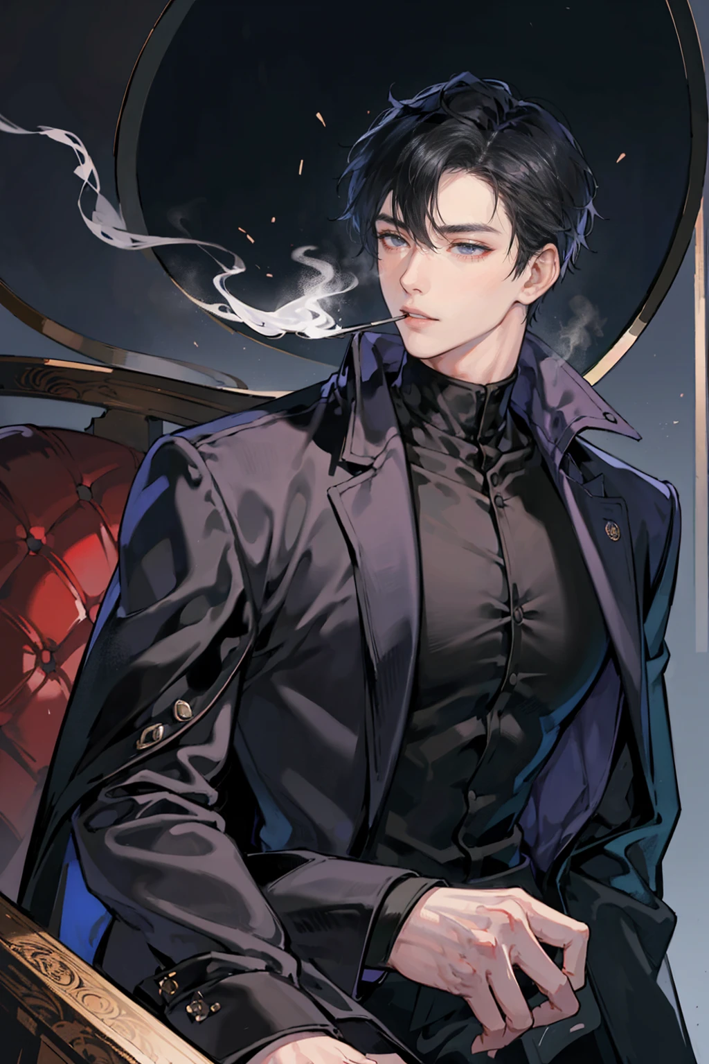 (masterpiece), best quality, seductive eyes, mature face, handsome man, jet black eyes, black wolfcut, black turtleneck, black pants, black coat, broad shoulders, anime cover, 1boy, masculine, smoking,