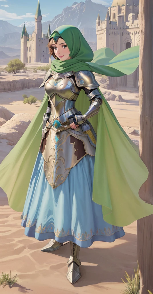 masterpiece, best quality:1.2), 1girl, smile, looking at viewer, green eyes, short brown hair, princess, armor, blue hijab headscarf, pauldrons, armored dress, green cloak cape, wearing puffy blue ballgown skirt, armored boots, fingerless gloves, standing in front of desert castle