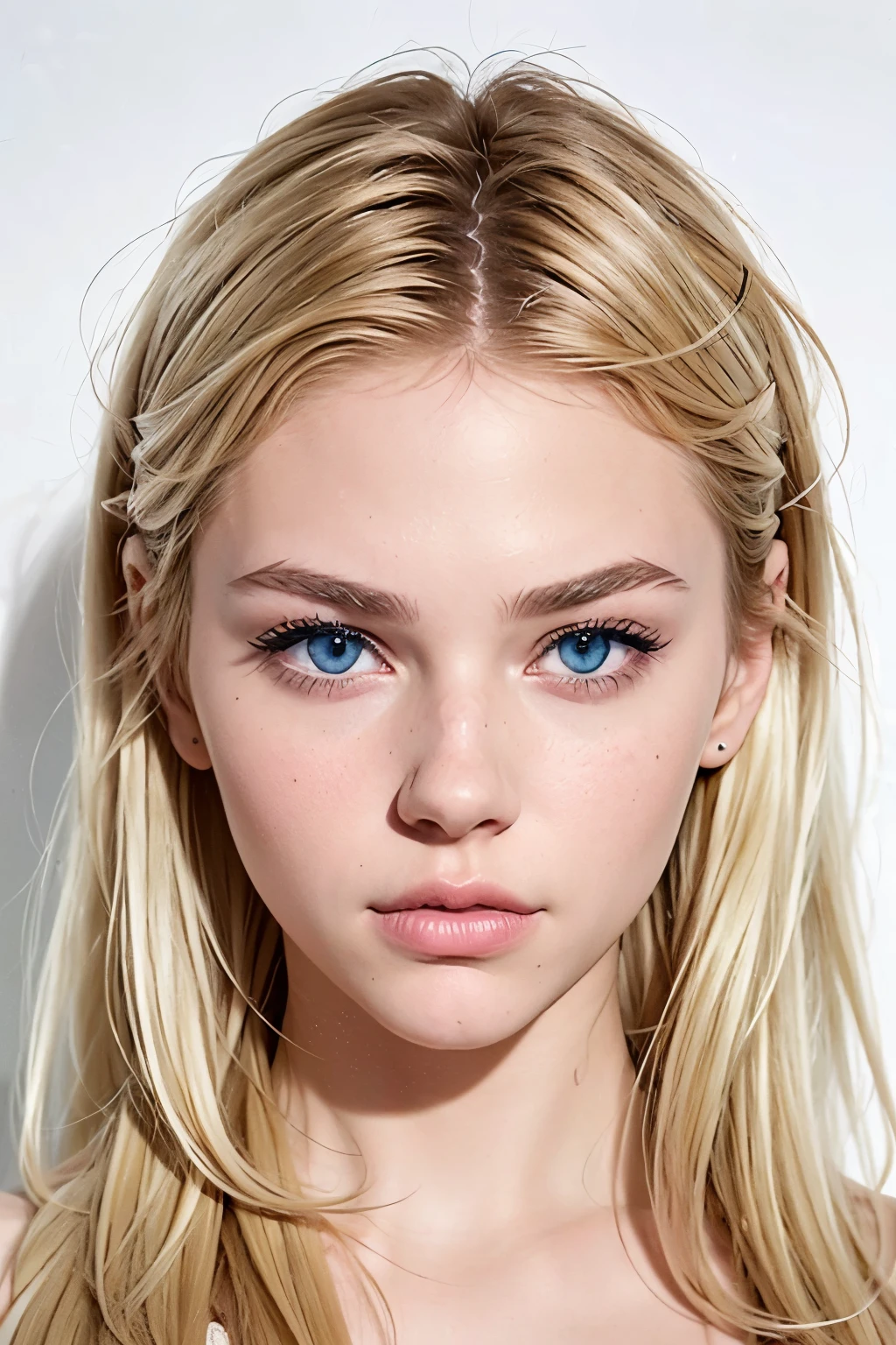 close-up on the face ((AlexiaThompson01R's face)). White background. beautiful. perfect, short blonde hair, blue eyes. (location: White wall, white background) black t-shirt. serious face, sad expression. hate in the eyes. Vibrant red eye. loose hair. hair falling over one eye. pink lips. perfect, white skin. thin nose, thin chin. busty. fitness.