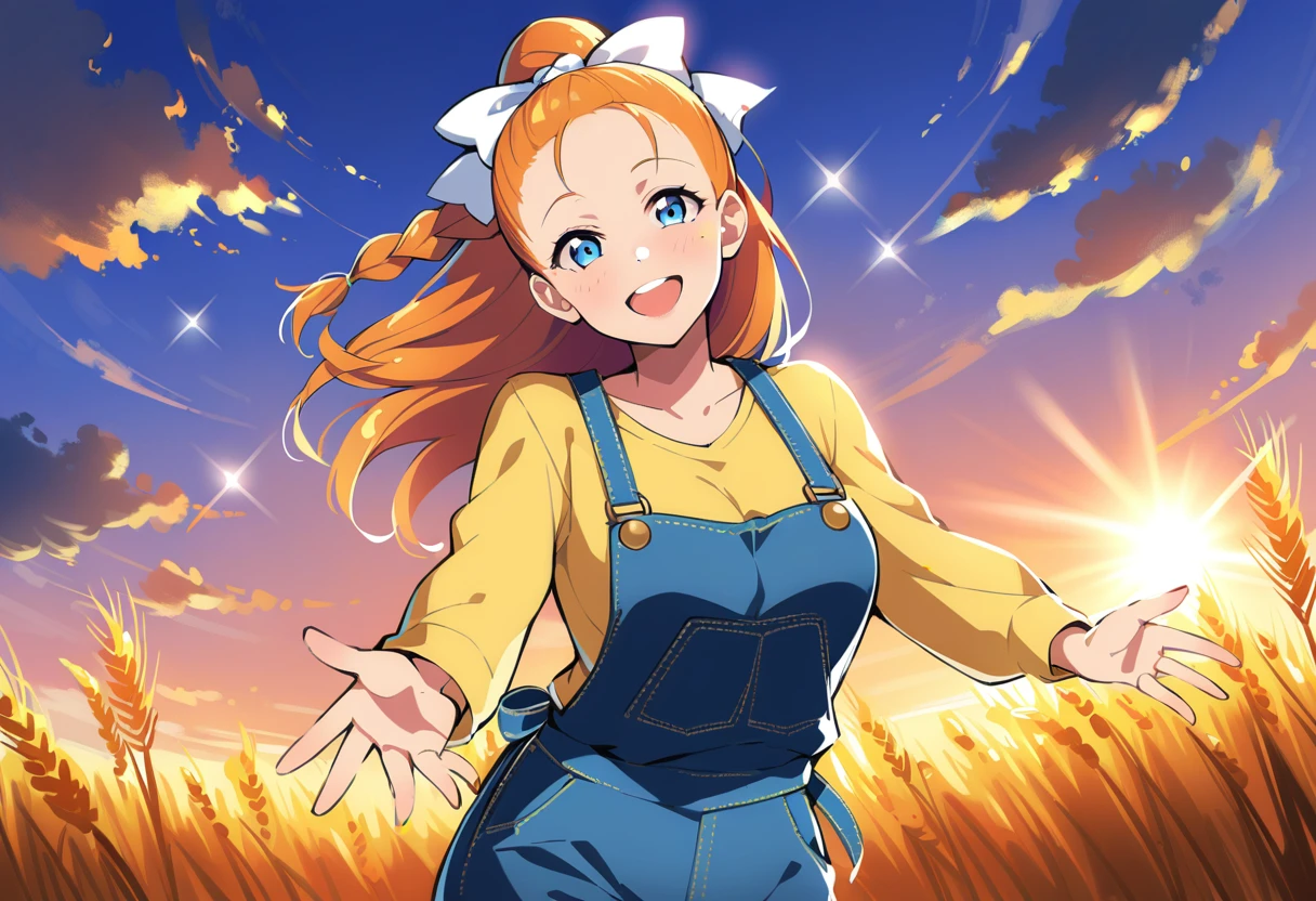 pewarnaan character, visual illustration, @ANN, aged up, 1girl, ponytail, braided ponytail, single braid, forehead, solo, (overalls), outdoors, sky, wheat, field, (blue overalls), smile, blue eyes, wheat field, looking at viewer, breasts, long sleeves, yellow shirt, orange hair, blonde hair, cowboy shot, collarbone, collared shirt, cleavage, denim, upper teeth only, medium breasts, standing, teeth, oversized clothes, long hair, partially unbuttoned, pants, oversized shirt, buttons, head tilt, flat chest, hair bow, white bow, tomboy, round teeth, plaid shirt, denim overalls, mature female, tall, tall female, slim body, freckles, twilight, cloudy sky, scenery, reaching, grass, floating braid, sunset, cloud, scenery, jeans, bow, hair ribbon, sparkle, sunbeam, light rays, highres, 4k, 8k, ann \(harvest moon\), ran \(bokujou monogatari\)