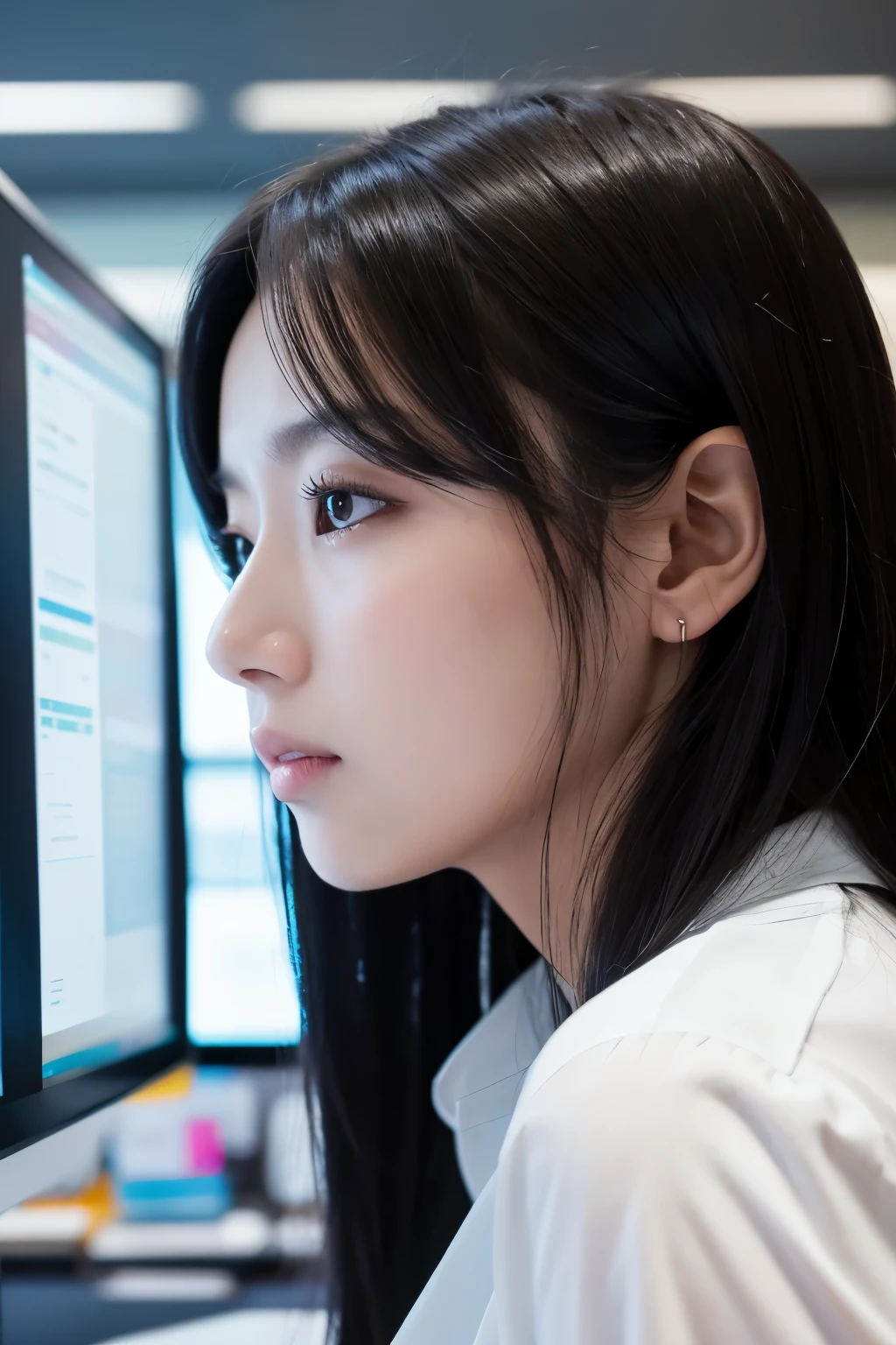 -1girl, long black hair, straight, white blouse, focused on monitor, trading, office, natural light, neat appearance, serious face, side view
