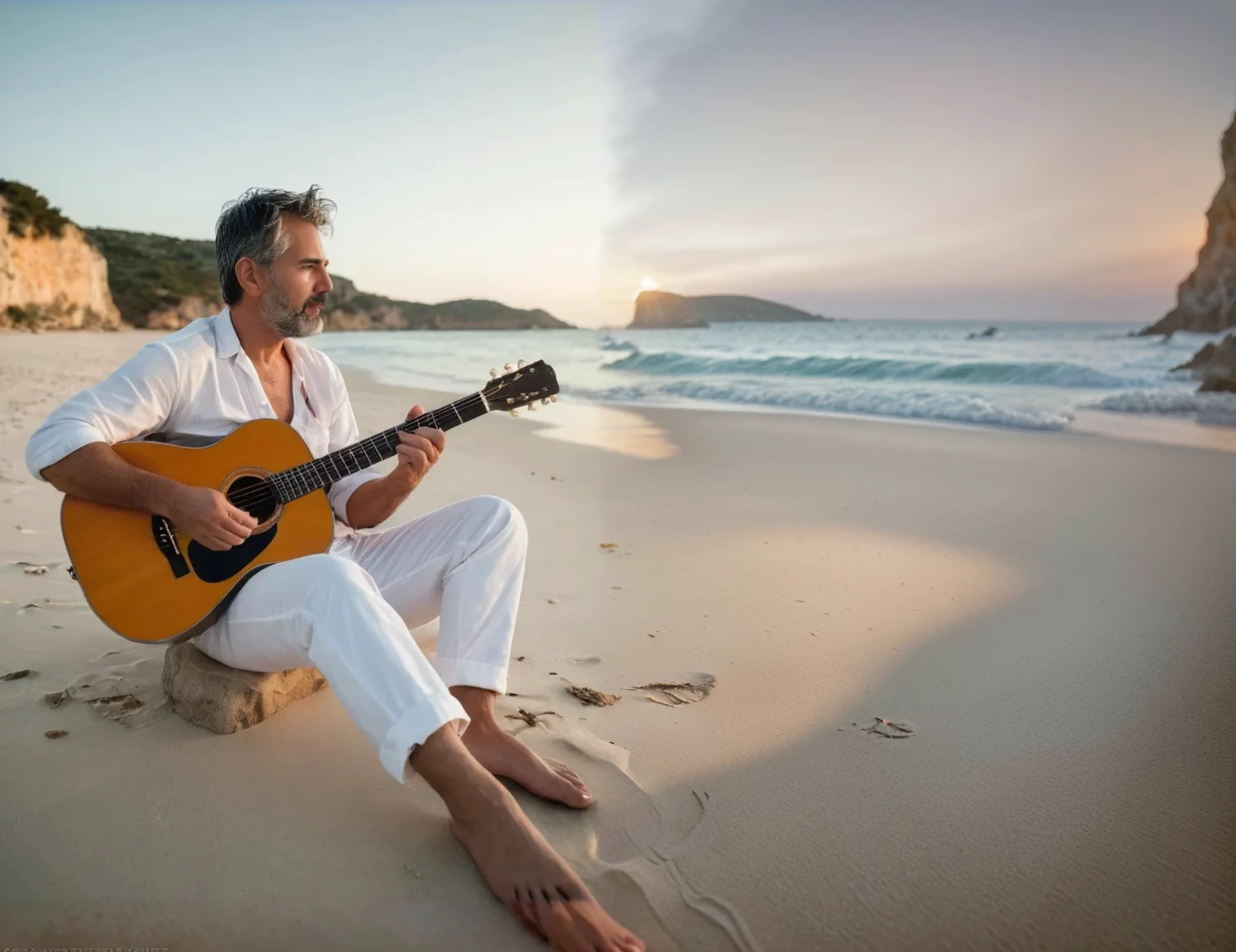 a beautiful serene beach with gentle waves, 1girl sitting on the sand, detailed face, beautiful detailed eyes, beautiful detailed lips, extremely detailed face, long eyelashes, looking into distance, (best quality,4k,8k,highres,masterpiece:1.2),ultra-detailed,(realistic,photorealistic,photo-realistic:1.37),HDR,UHD,studio lighting,ultra-fine painting,sharp focus,physically-based rendering,extreme detail description,professional,vivid colors,bokeh,landscape,warm color tones,golden hour lighting