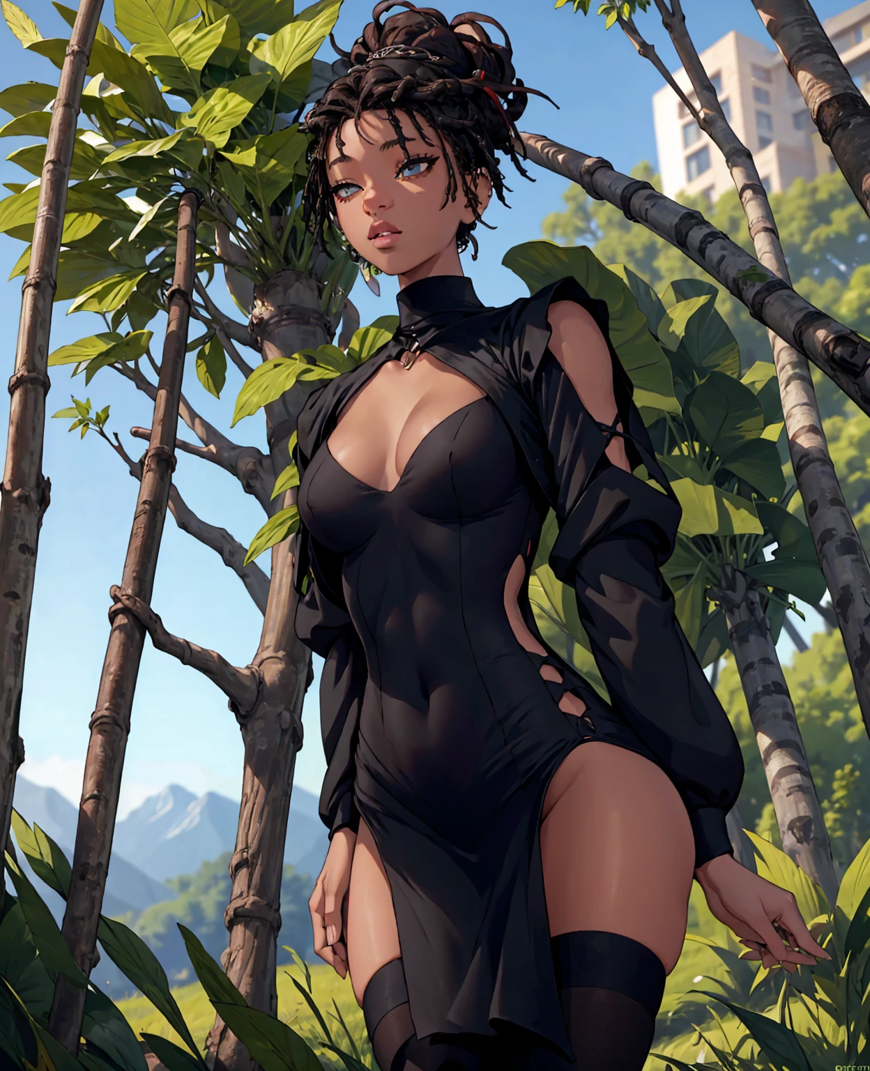 a young beautiful woman, willow smith, detailed face, beautiful eyes, full lips, long eyelashes, elegant posture, black skin, tight fitting dress, slim body, seductive, outdoor nature scene, lush greenery, sunlight filtering through trees, warm tones, cinematic lighting, photorealistic, highly detailed, 8k, masterpiece