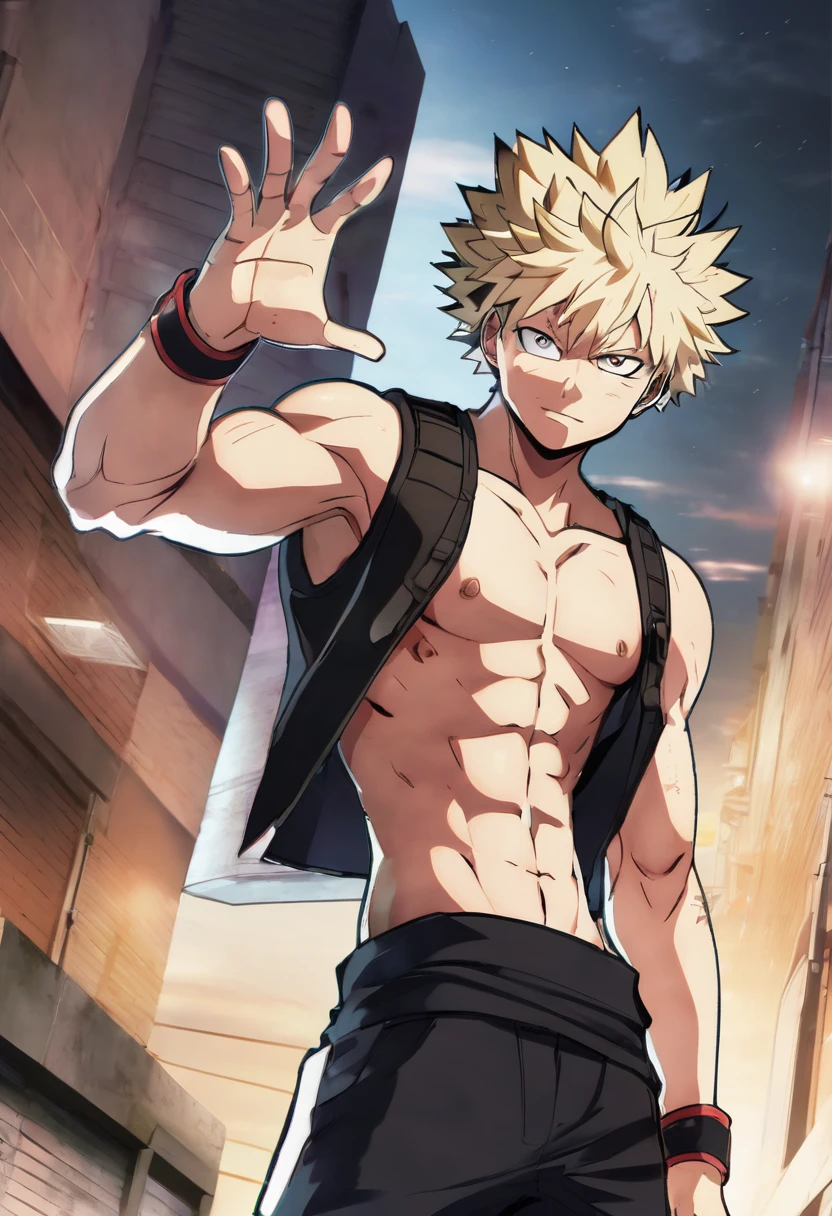 Katsuki Bakugou, toned and muscular body, wearing a tight tank top, tall stature, muscular chest, muscular arms, black pants