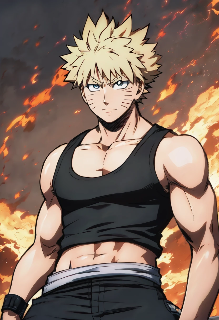 Katsuki Bakugou, toned and muscular body, wearing a tight tank top, tall stature, muscular chest, muscular arms, black pants