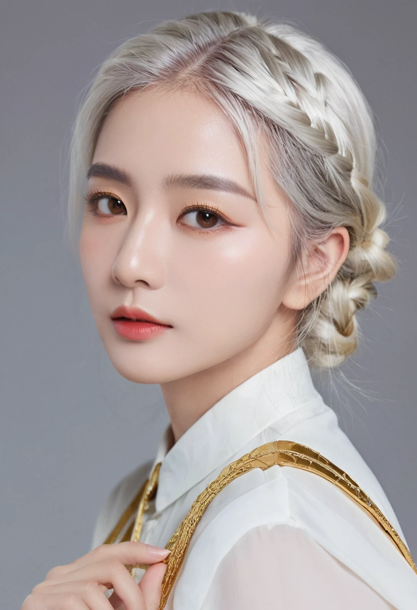 best quality, masterpiece,White hair, Golden Eyes,White clothes, look up, Upper Body,Hair,White skin,Side Braid