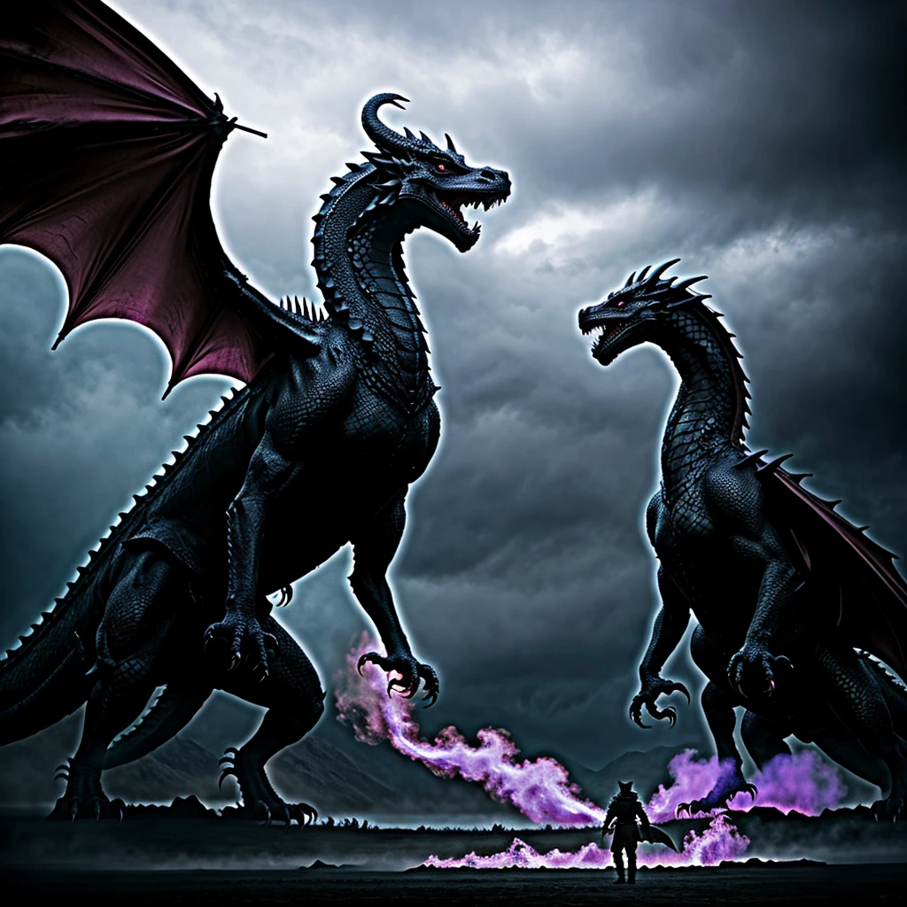 arafed image of a silhouette of a man standing in front of a dragon, i just saw a huge dragon, alduin, dragon in the background, colossal black dragon in the background, epic dragon, drakengard, battle with the dragon, dnd fantsay art, berserk, drogon, berserk art style, man with a dragon soul, dragon with purple eyes, desolate place, purple mist, epic mist, epic night, night