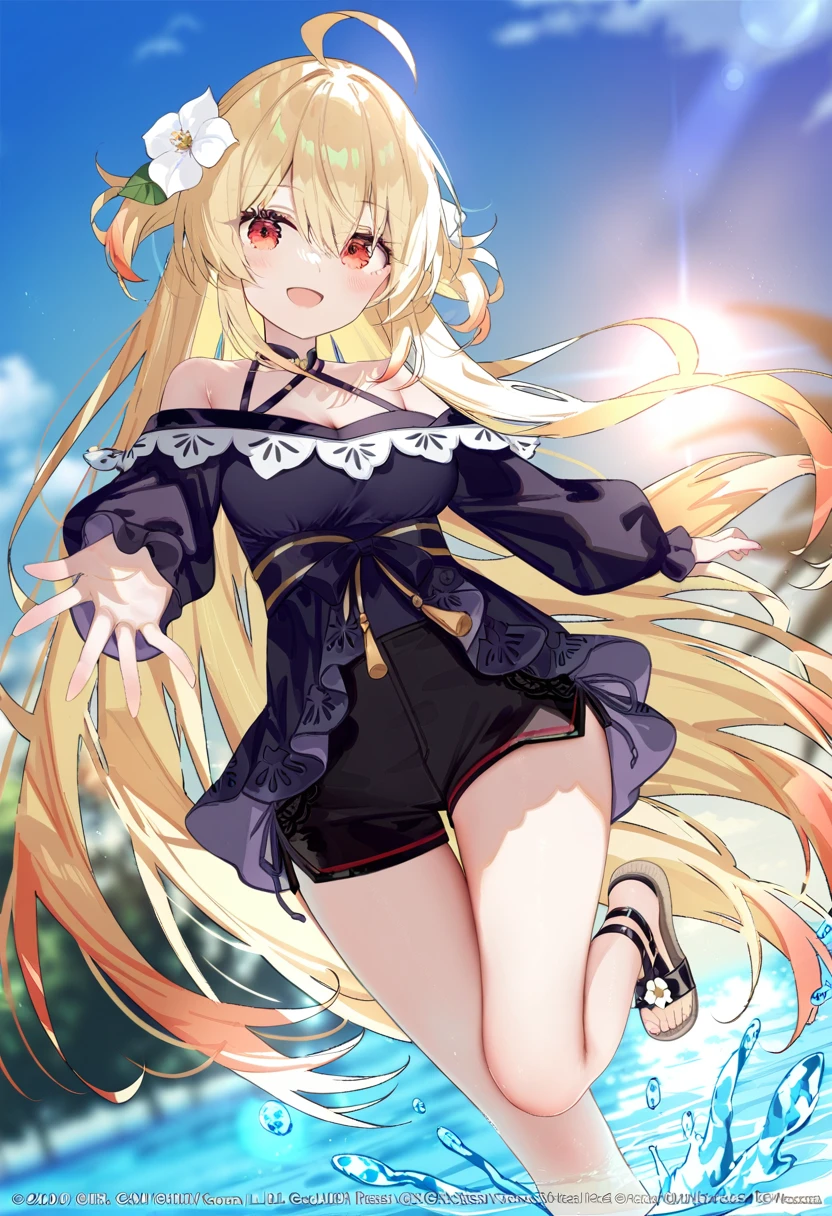 1girl, (by rikatan:1.1), by ciloranko:1.1, (by omone_hokoma_agm:1.1), ((absurdres, official art, masterpiece)), best aesthetic, best quality, ultra detailed, intricate details, new, newest, glossy hair, moist skin, 18 years old, adult woman, medium breasts, blurry background, depth perception, solo, subject focus:1.1, depth perception, red eyes, solo, outdoors, long hair, shorts, water, ahoge, looking at viewer, long sleeves, sunset, standing, bare shoulders, hair ornament, black shorts, sandals, smile, wading, open mouth, sky, standing on one leg, shirt, flower, sun, hair between eyes, short shorts, blonde hair, very long hair, :d, dress, white flower, outstretched arm, cloud, off shoulder, black footwear