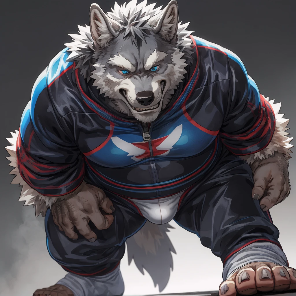 skinsuit chubby gray wolf dad ,blue eyes looking down, naked white briefs , feet white sock, profile, evil grin, kemono , high quality , by rossciaco , standing ( below view )