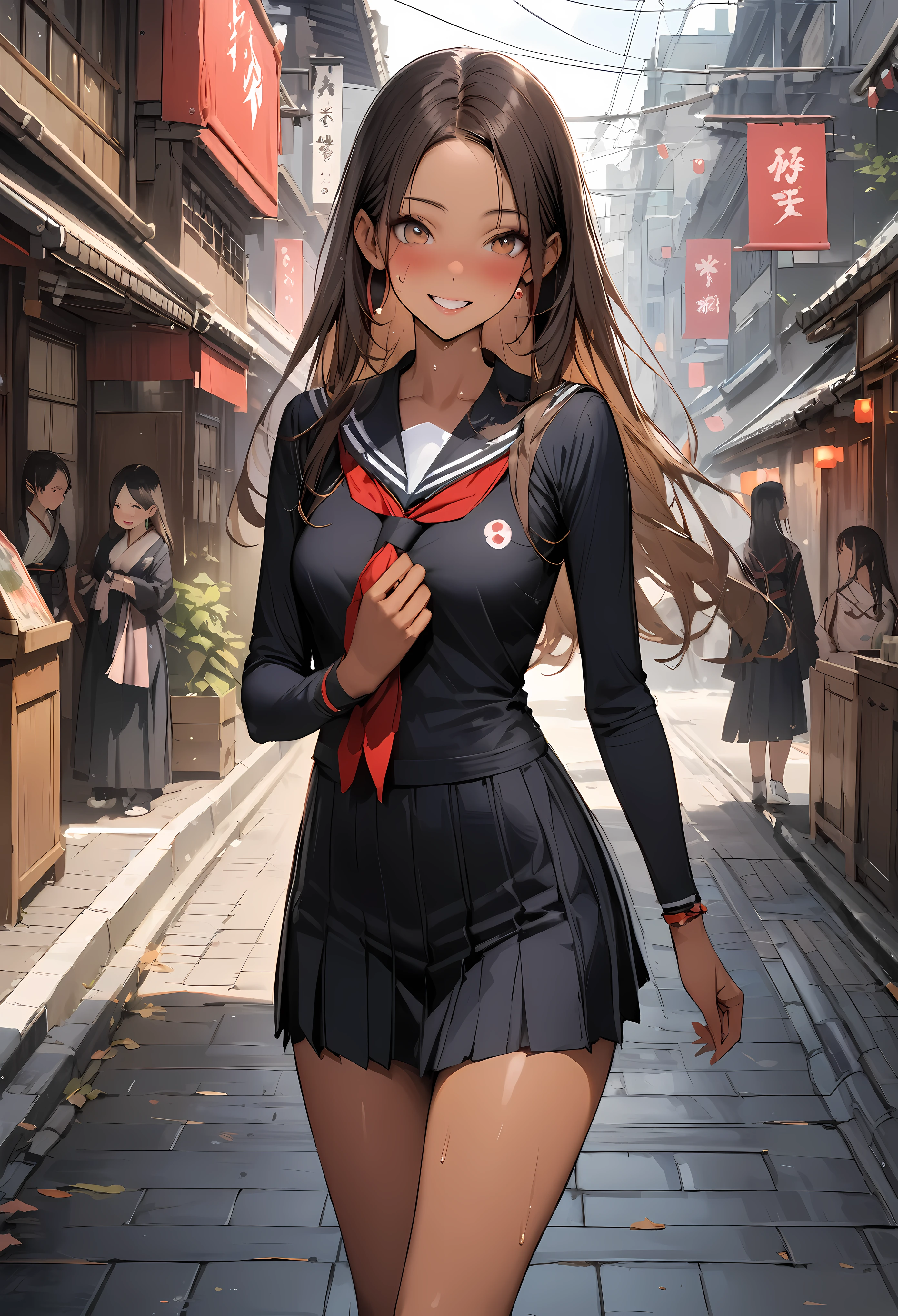 ((masterpiece,Highest quality:1.3,best quality illustration,realistic)),cowboy shot,solo,1woman,(Mature Japan beauties)、brown hair,long hair,center parted bangs,brown eyes,gorgeous eyes,((very small head:1.3)),blush,smile,((very long body:1.2,skinny)),medium breasts,(tan skin:1.4), (gleaming skin,toned body,slender body),sweat,、Black sailor suit、Black pleated mini skirt、on street,Tokyo、