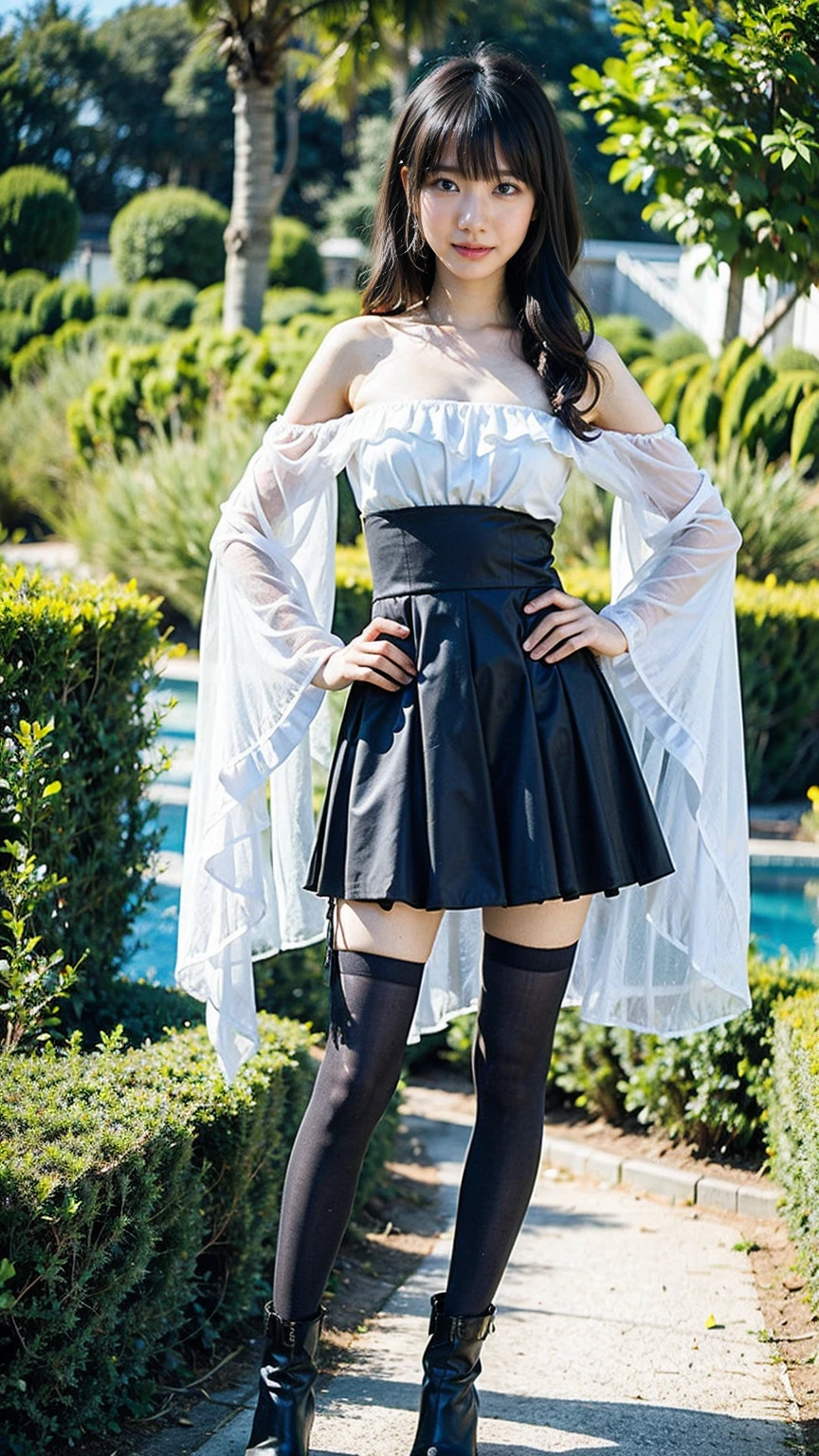 (8K、RAW Photos、Highest quality、masterpiece:1.2)、(Highest quality、Realistic)、1 Girl、((Frills、See-through、Off the shoulder、Idol Costume、tights、Black mini skirt、Thin legs、whole body、boots、garden、View from the front、Looking into the camera、ribbon、Stand with hands on hips))、cute