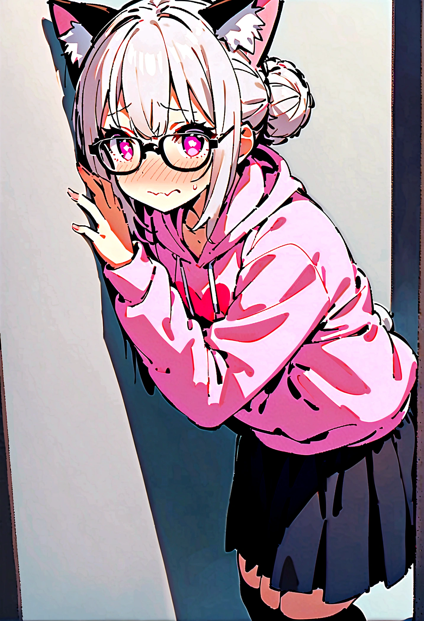 I have white pink hair, cat ears, a bun, my face is super blushing, black glasses, pink heart eyes, a big pink sweatshirt, a black skirt, black stockings, white shoes, a cat's tail, a girl. very shy that she is glued to a wall with her butt