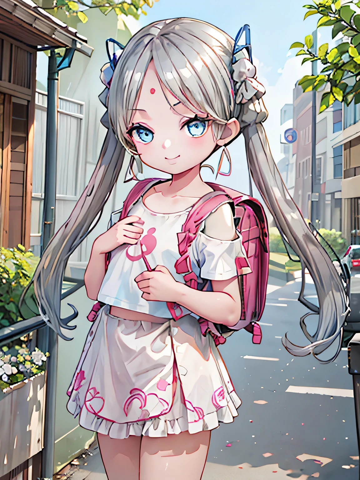 masterpiece, Highest quality, High resolution, One girl, Long Hair, One side up, alone,(((Silver twin tails))),(((Bangs parted in the middle))),(((Center-parted bangs))),(((blue eyes))),(((Short girl))),  (Red mark on the forehead),Bare shoulders, Pink Shirt, Floral print, Short sleeve, Off-the-shoulder shirt, Frills, Blue Skirt, Cowboy Shot, smile,Are standing, whole body, Wearing high heels, carrying a red school bag, (randoseru backpack:1.2), Outdoor, Day,Vritika Balakrishnan,