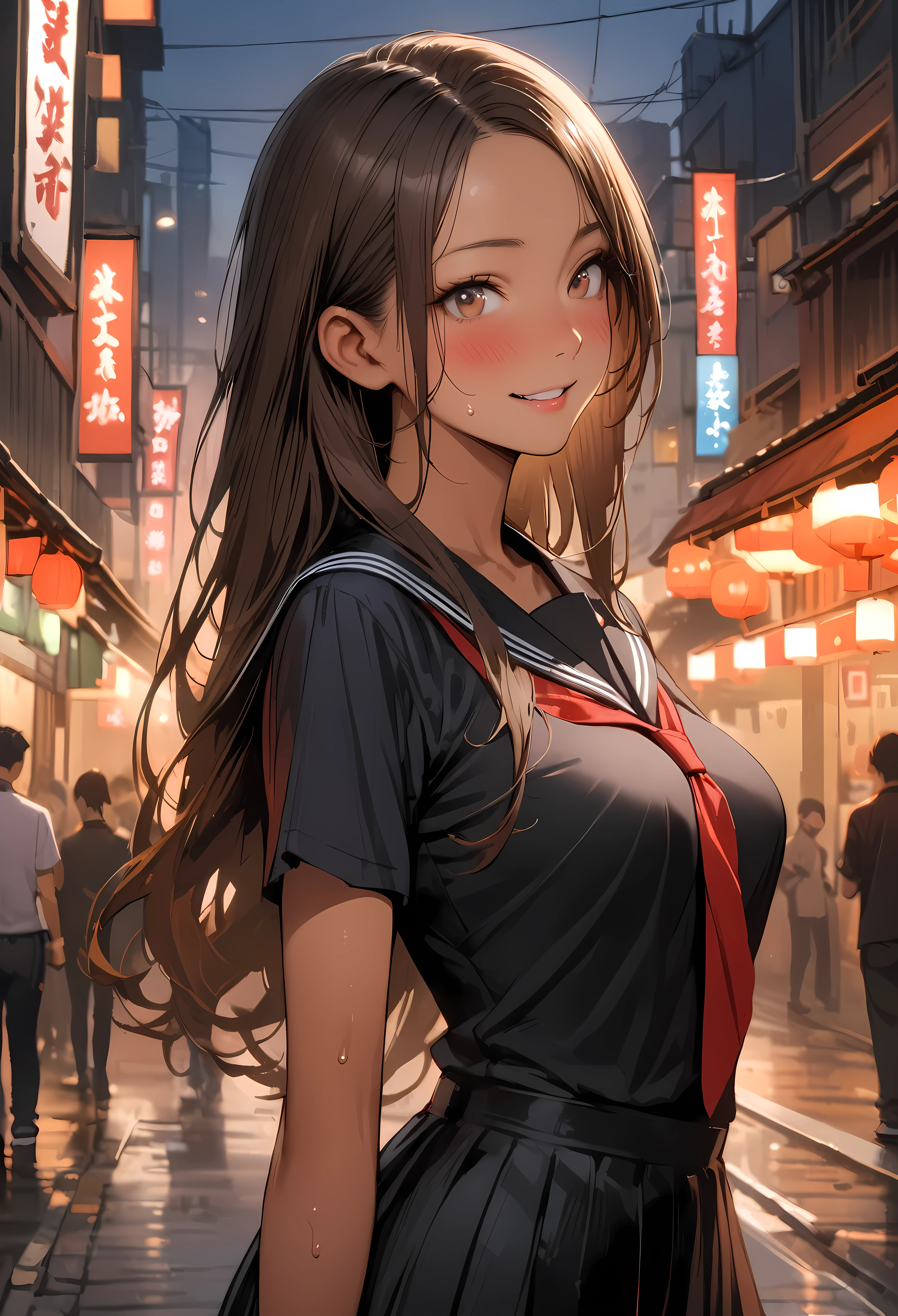 ((masterpiece,Highest quality:1.3,best quality illustration,realistic)),cowboy shot,solo,1woman,(Mature Japan beauties)、brown hair,long hair,center parted bangs,brown eyes,gorgeous eyes,((very small head:1.3)),blush,smile,((very long body:1.2,skinny)),medium breasts,(tan skin:1.4), (gleaming skin,toned body,slender body),sweat,、Black sailor suit、Short sleeve、Black pleated mini skirt、on street,Tokyo、