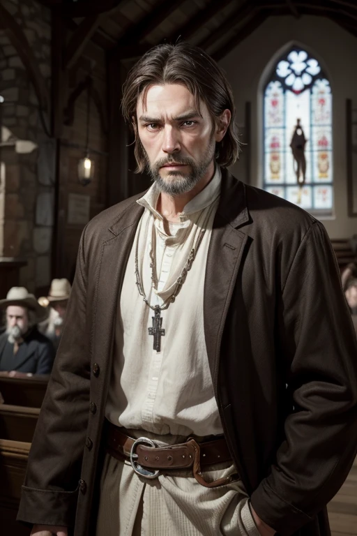 Very thin man all over; 1,60; 52yo; lean face; eyes browns; Sparse beard with gray strands; short brown hair with white strands; simple outlaw outfit; rosary; Calm and serious look; background of a church; Old West RPG 1886.