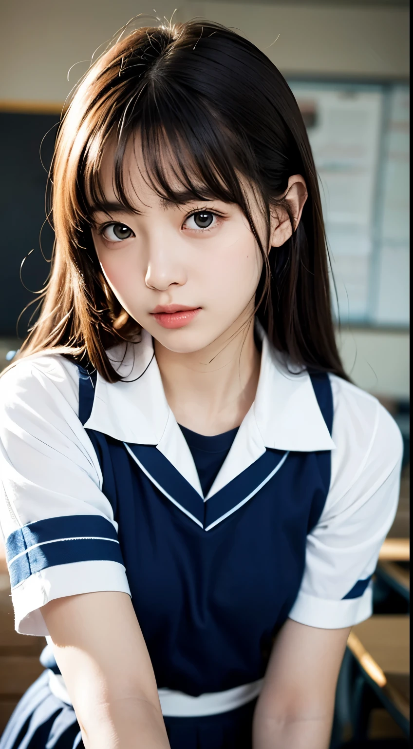 masterpiece、Highest quality、8K、Official Art、生photograph、Unbelievably absurd、Beautiful girls、Cute face、(Sitting、Upper Body、Sailor suit、Sailor suit、:1.2)、White shirt、Watching the viewer、(Dark red bow tie:1.2)、Close-up、Teen、classroom、Ultra-realistic、High resolution、photograph、Film Grain、chromatic aberration、Sharp Focus、Face Light、Dynamic Lighting、Cinematic Lighting、Navy Pleated Skirt、Supremely detailed、Extremely detailed、Super detailed、Finely detailed、Extremely detailedな目と顔