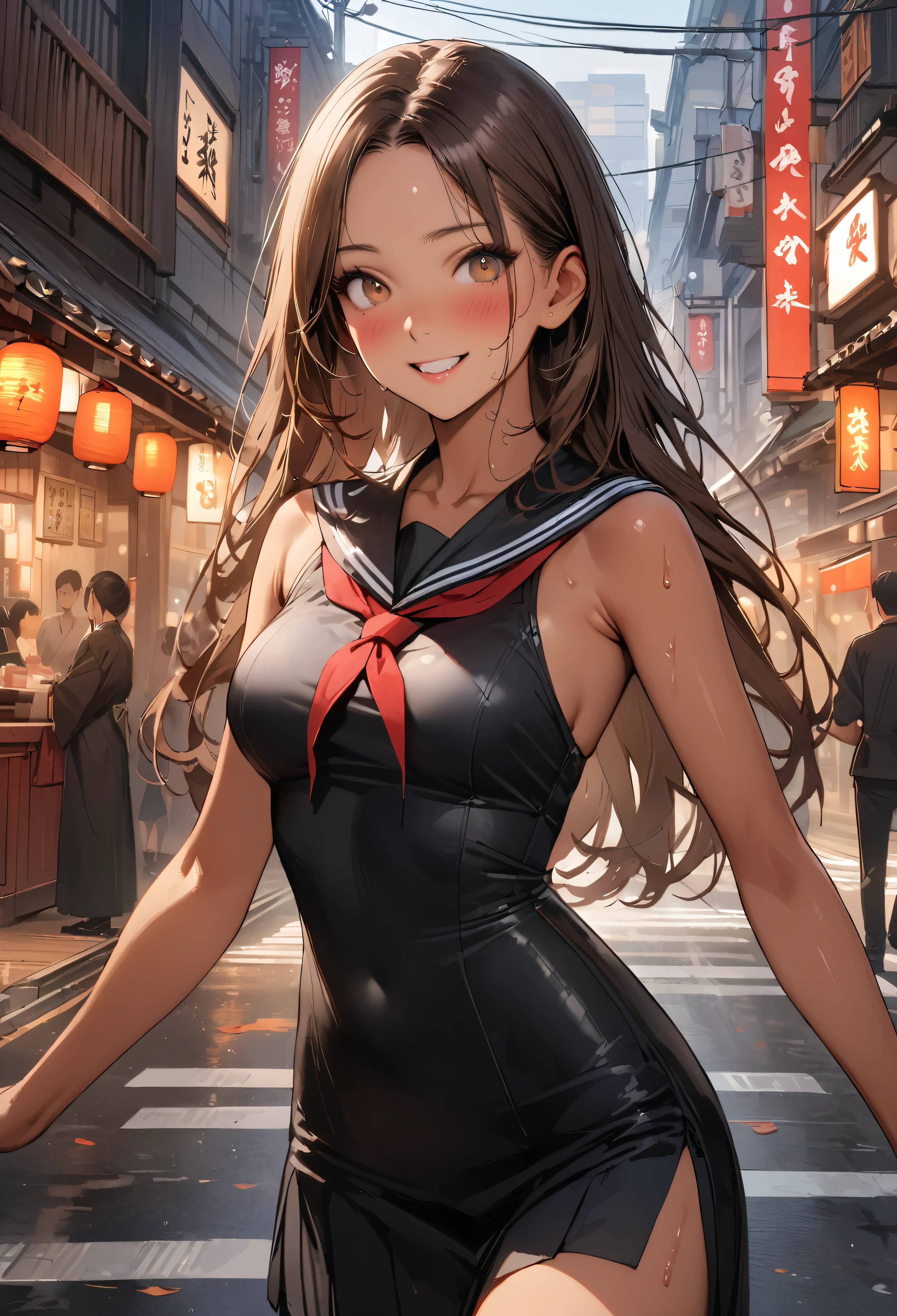 ((masterpiece,Highest quality:1.3,best quality illustration,realistic)),cowboy shot,solo,1woman,(Mature Japan beauties)、brown hair,long hair,center parted bangs,brown eyes,gorgeous eyes,((very small head:1.3)),blush,smile,((very long body:1.2,skinny)),medium breasts,(tan skin:1.4), (gleaming skin,toned body,slender body),sweat,、Black sailor suit、Short sleeve、Black pleated mini skirt、on street,Tokyo、