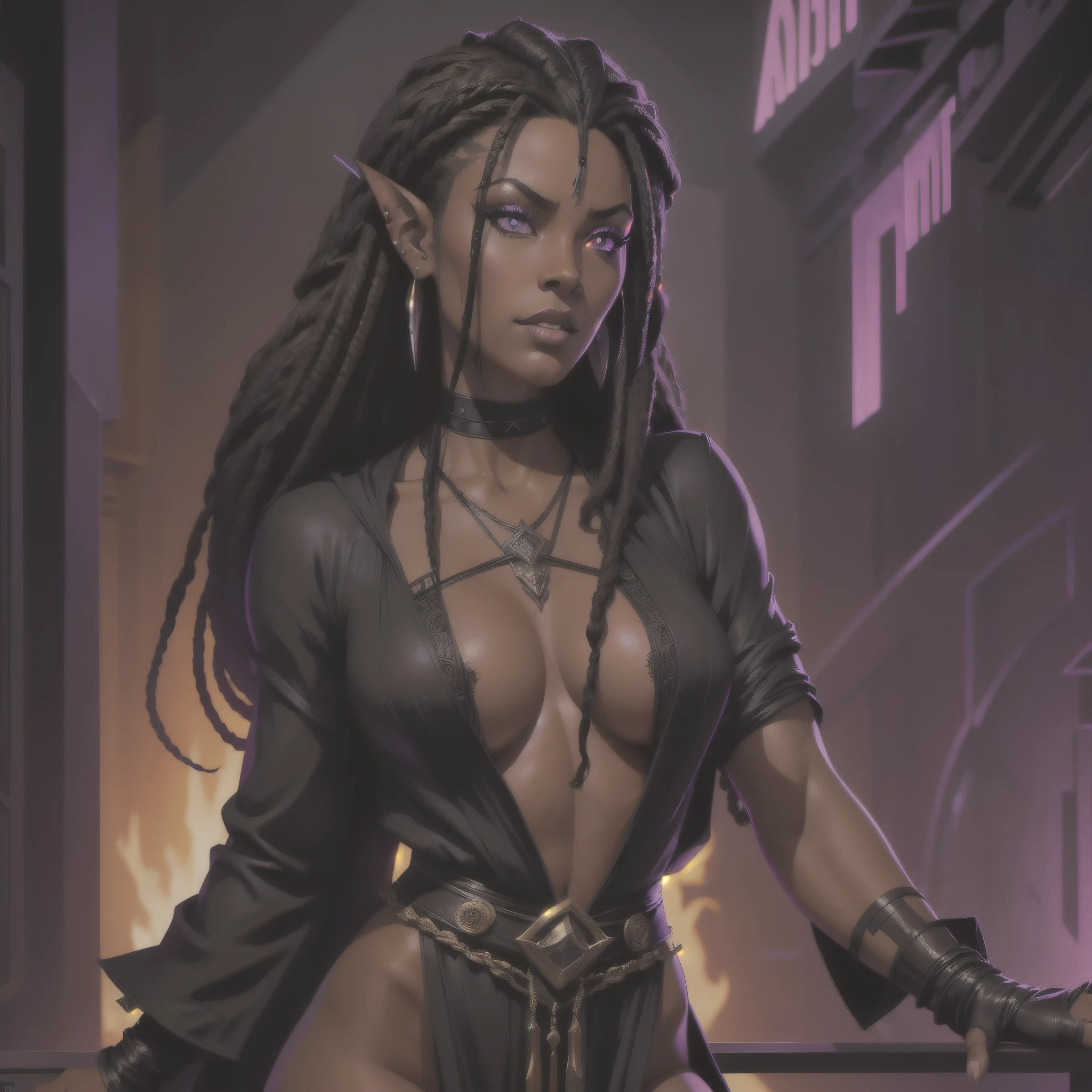 (Concept Art) of an (African­ American) female, with dark (black dreadlocks), purple eyes, dark (brown skin), (pointed ears), (slutty assassin), sexy black robe, (lust) demon, (medium shot), perfect composition, hyper-detailed, 8K, high quality, (perfect eyes), trending art, sharp focus, studio photo, intricate details, (Pin-up) pose