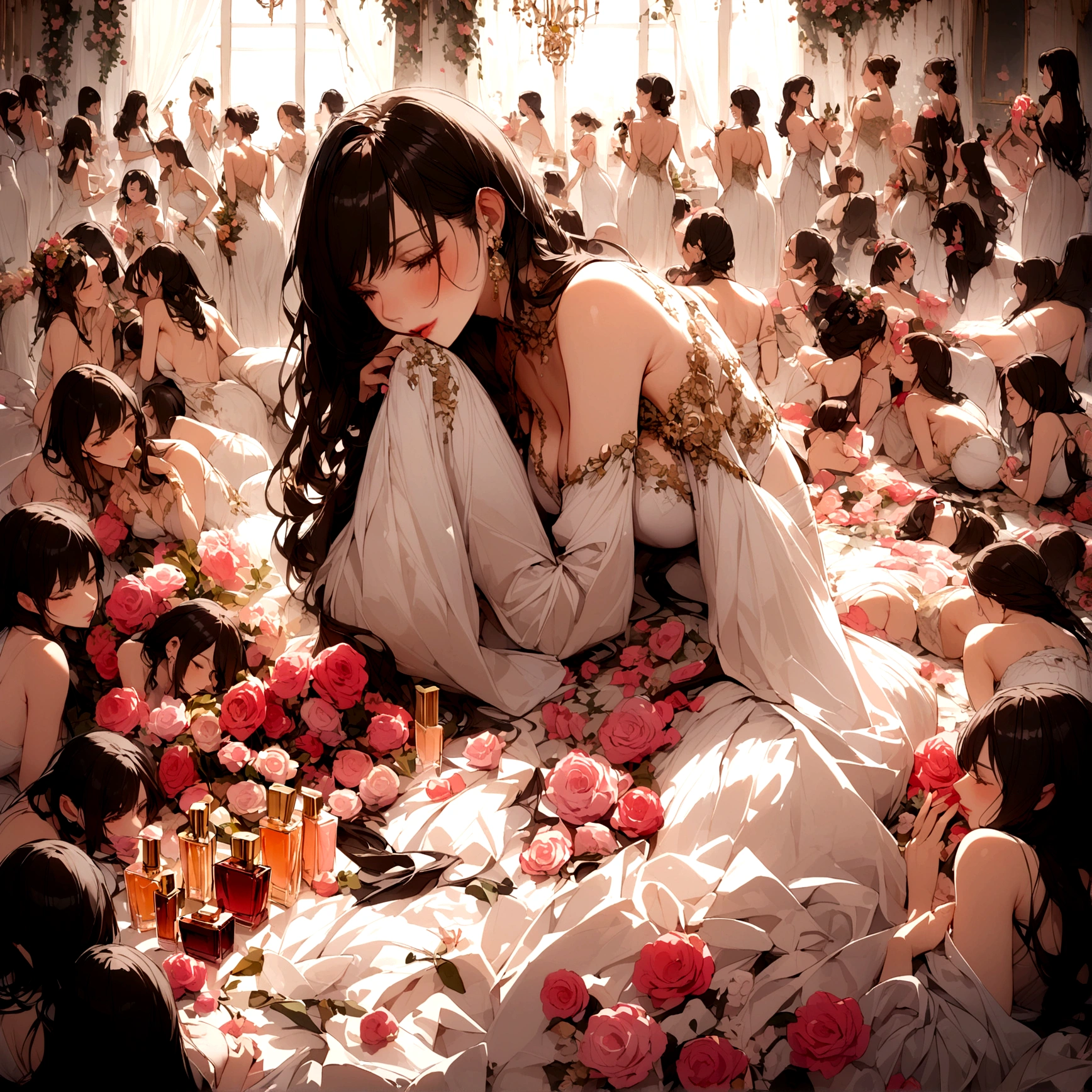 A large number of women are surrounded by a large amount of perfume and are intoxicated by the scent.