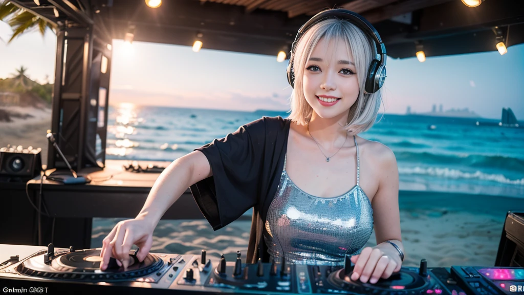(ultra - detailed, 16K resolution, Cinema lenses, rendering by octane), (high resolution:1.18), intricate detail, (masterpiece:1.1), (highest quality:1.1), (1girl, portrait, white hair, blue eyes, short hair, detailed eyes),Wearing silver DJ headphones, sequined T-shirt, (in the beach:1.5), (Iconic hip-hop pop costumes:1.3), Smile while DJing on stage, DJ studio next to the beach, ((A stylish DJ stage on a hill overlooking the beach)), full body shot, Photorealistic photography by Sunshine, (cute round face:1.3), perfect fingers, five fingers, beautiful hands, perfect hands. master peace, cute smile.