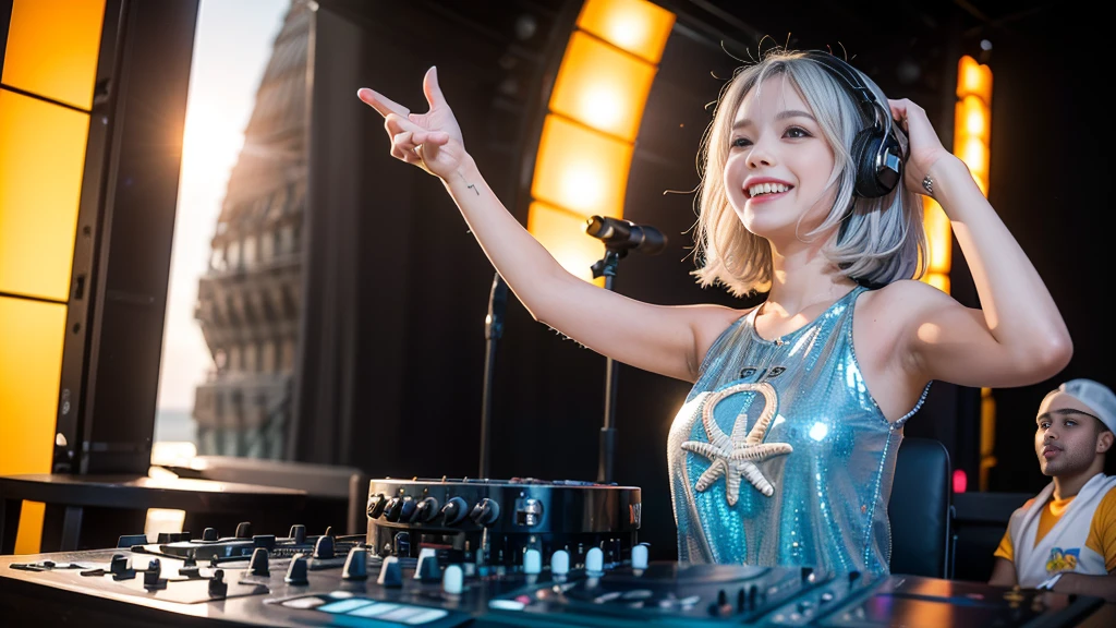 (ultra - detailed, 16K resolution, Cinema lenses, rendering by octane), (high resolution:1.18), intricate detail, (masterpiece:1.1), (highest quality:1.1), (1girl, portrait, white hair, blue eyes, short hair, detailed eyes),Wearing silver DJ headphones, sequined T-shirt, (in the beach:1.5), (Iconic hip-hop pop costumes:1.3), Smile while DJing on stage, DJ studio next to the beach, ((A stylish DJ stage on a hill overlooking the beach)), full body shot, Photorealistic photography by Sunshine, (cute round face:1.3), perfect fingers, five fingers, beautiful hands, perfect hands. master peace, cute smile.
