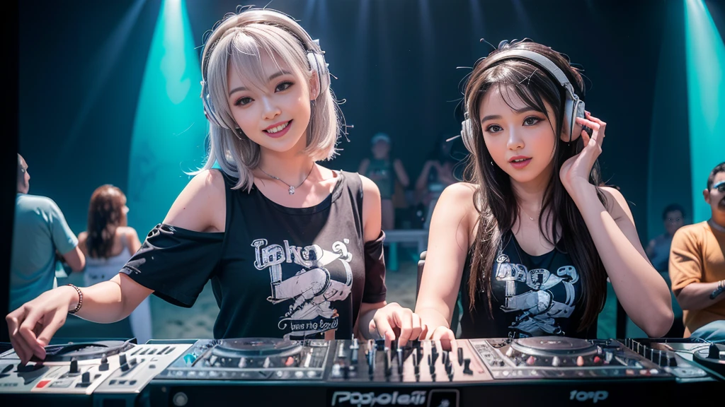 (ultra - detailed, 16K resolution, Cinema lenses, rendering by octane), (high resolution:1.18), intricate detail, (masterpiece:1.1), (highest quality:1.1), (1girl, portrait, white hair, blue eyes, short hair, detailed eyes),Wearing silver DJ headphones, sequined T-shirt, (in the beach:1.5), (Iconic hip-hop pop costumes:1.3), Smile while DJing on stage, DJ studio next to the beach, ((A stylish DJ stage on a hill overlooking the beach)), full body shot, Photorealistic photography by Sunshine, (cute round face:1.3), perfect fingers, five fingers, beautiful hands, perfect hands. master peace, cute smile.