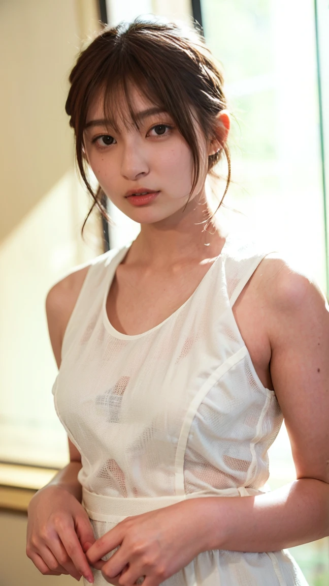 20 year old cute Japan woman, ((Extremely precise and accurate anatomy:1.0)), (photo Realistic:1.4), (hyper Realistic:1.4), (最高品質のRealisticな肌の質感:1.4), (Improvement of quality:1.4), (Enhances the beauty of skin texture:1.1), clean and glowing skin, mesh, thin:1.2, (Realistic:1.3), Realisticなライティング, (Smoother lighting:1.05), (Improving the quality of cinema lighting:0.9), Backlight, A gentle light that illuminates the face, Ray Tracing, (Bright light:1.2), 32k, One Japanese woman, fine grain, Detailed face, (Film Grain:1.1), (Natural smile:0), (Accentuates body lines:1.1), High resolution, Natural look, Kind eyes, Enhances hair texture, Delicate light and shadow, Clear skin, Graceful Pose, Beautiful Eyes, Sharp details, Soft light reflection, Beautiful contours, Delicate skin tone, Fine hair texture, Natural background, Natural poses in everyday situations, Lora Style