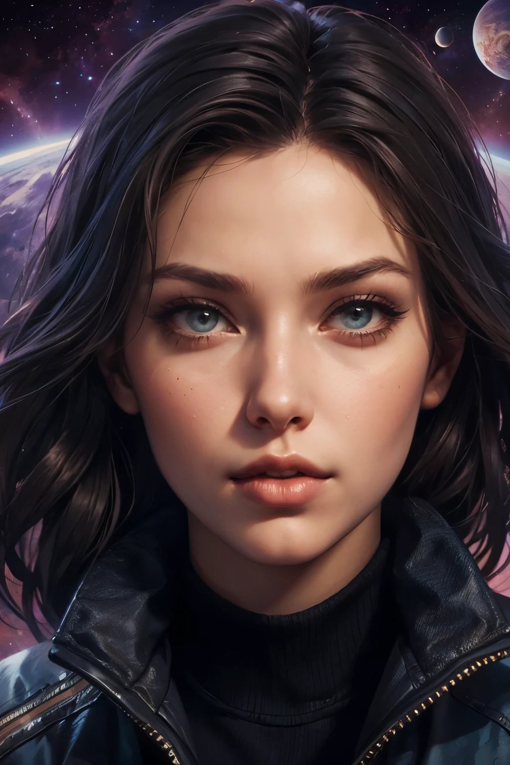 Close-up of a woman in a jacket and space background, Epic portrait illustration, Charlie Bowater's art style, Unreal 5. RPG Portrait, Close-up character portraits, Amazing digital illustrations, Charlie Bowter's Style, Artgerm JSC, Character art by Charlie Bowter, Detailed portraits, Beautiful SF Girl Portrait, Neo-artcore and Charlie Bowter