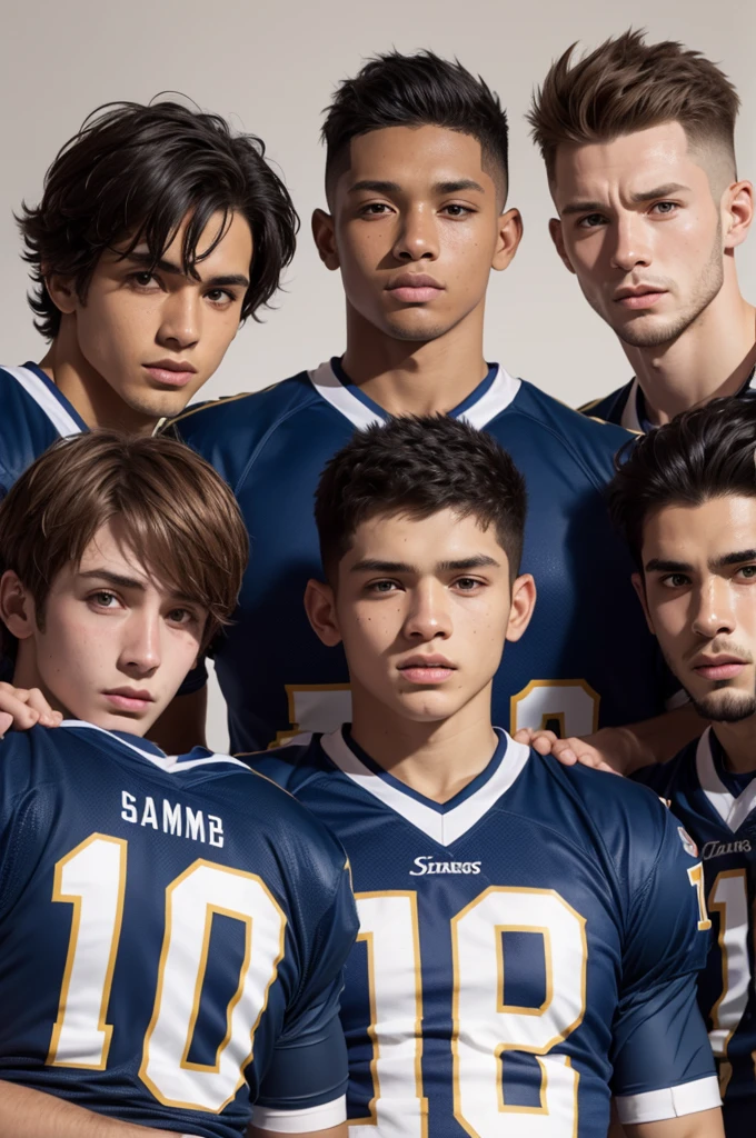 Four football players with name and number on their shirts:
Samuel shirt 10 Marcus shirt 7 Duran shirt 9 Timbu shirt 8