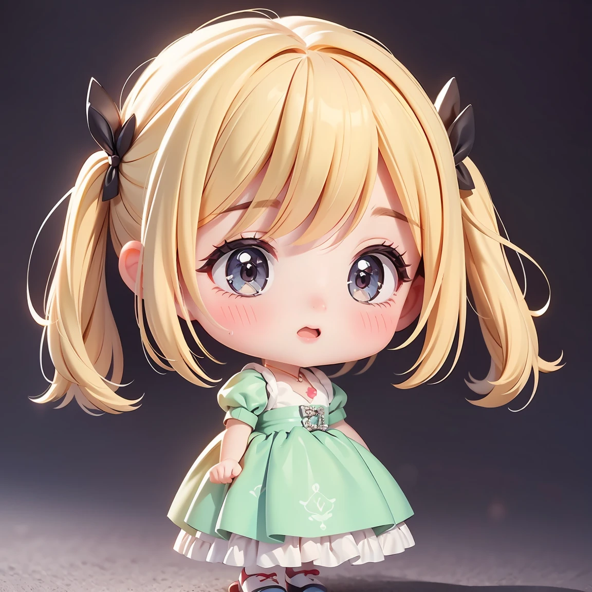 Super Chibi Character:1.8、Wearing cute shoes、background:simple、Blonde Hair、Cute 7 year old girl、Cinderella Dresses、Various expressions:1.8、Various poses:1.8、Looking this way