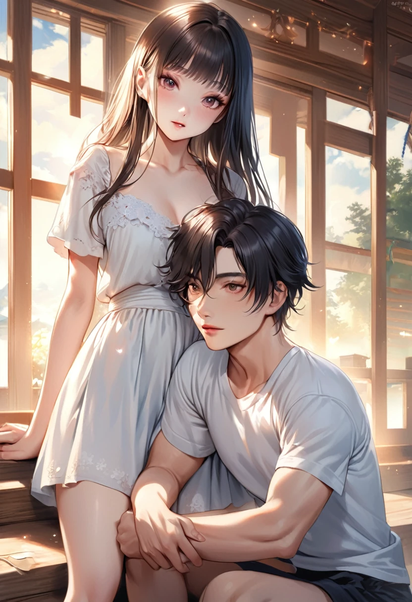 Couple, There are only two people, A beautiful woman with long hair wearing a white shirt, cute anime-style face, realistic anime girl, Chisato, black hair with bangs, Kurumi, cute and delicate face, young cute pale Asian face, Sakimichan, midday moon and stars in the sky, Realistic anime boy, A handsome boy in a white shirt, girl sitting in boy's arms, Smiling at the camera