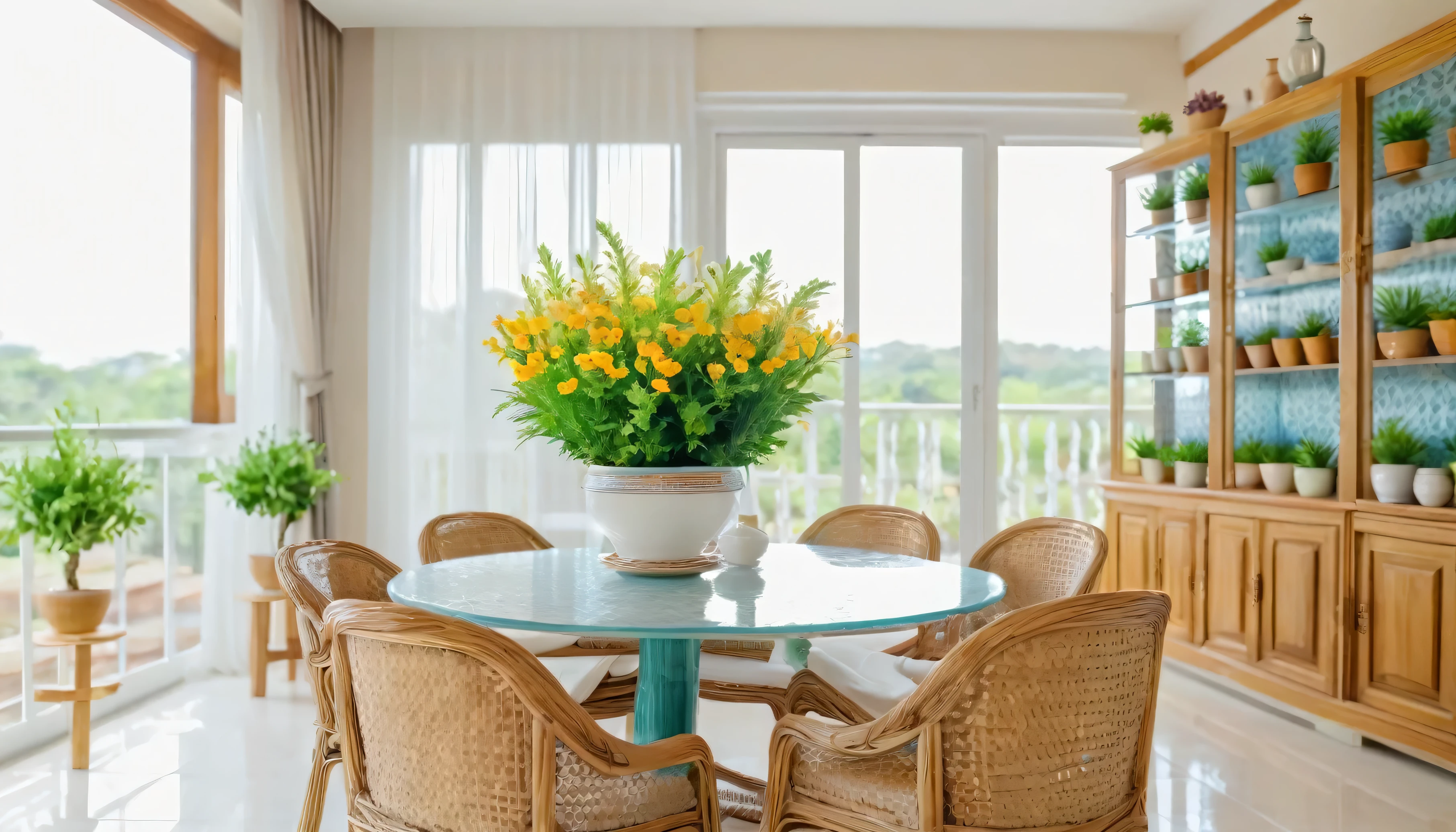in a room that is bright during the day, beautiful room layout, arrangement of guest chairs, decorated with natural flower flower pots, interior background of ceramic glass plates arranged on a blurred wooden cupboard