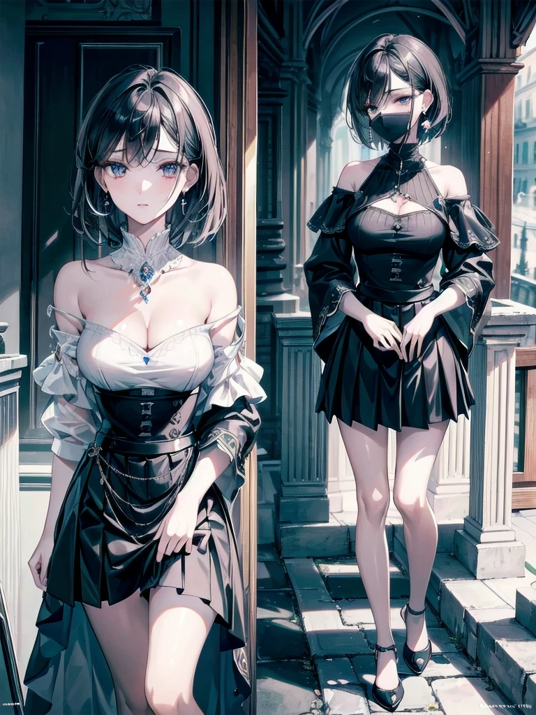 absurdres, RAW photo, extremely delicate and beautiful, masterpiece, Best Quality, ultra high resolution, 32k, hyperrealistic, ultra-detailed, delicate facial features, beautiful detailed woman, tearful mole, earring, medium breasts, full body shot, medium hair, black hair, Legendary Pirate, blouse, short skirt, off shoulder, Eroded Coastline,