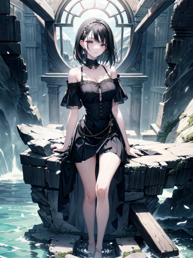 absurdres, RAW photo, extremely delicate and beautiful, masterpiece, Best Quality, ultra high resolution, 32k, hyperrealistic, ultra-detailed, delicate facial features, beautiful detailed woman, tearful mole, earring, medium breasts, full body shot, medium hair, black hair, Legendary Pirate, blouse, short skirt, off shoulder, Eroded Coastline,
