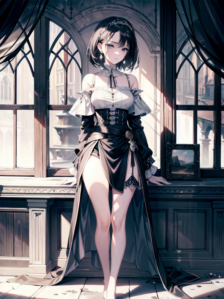 absurdres, RAW photo, extremely delicate and beautiful, masterpiece, Best Quality, ultra high resolution, 32k, hyperrealistic, ultra-detailed, delicate facial features, beautiful detailed woman, tearful mole, earring, medium breasts, full body shot, medium hair, black hair, Legendary Pirate, blouse, short skirt, off shoulder, Eroded Coastline,