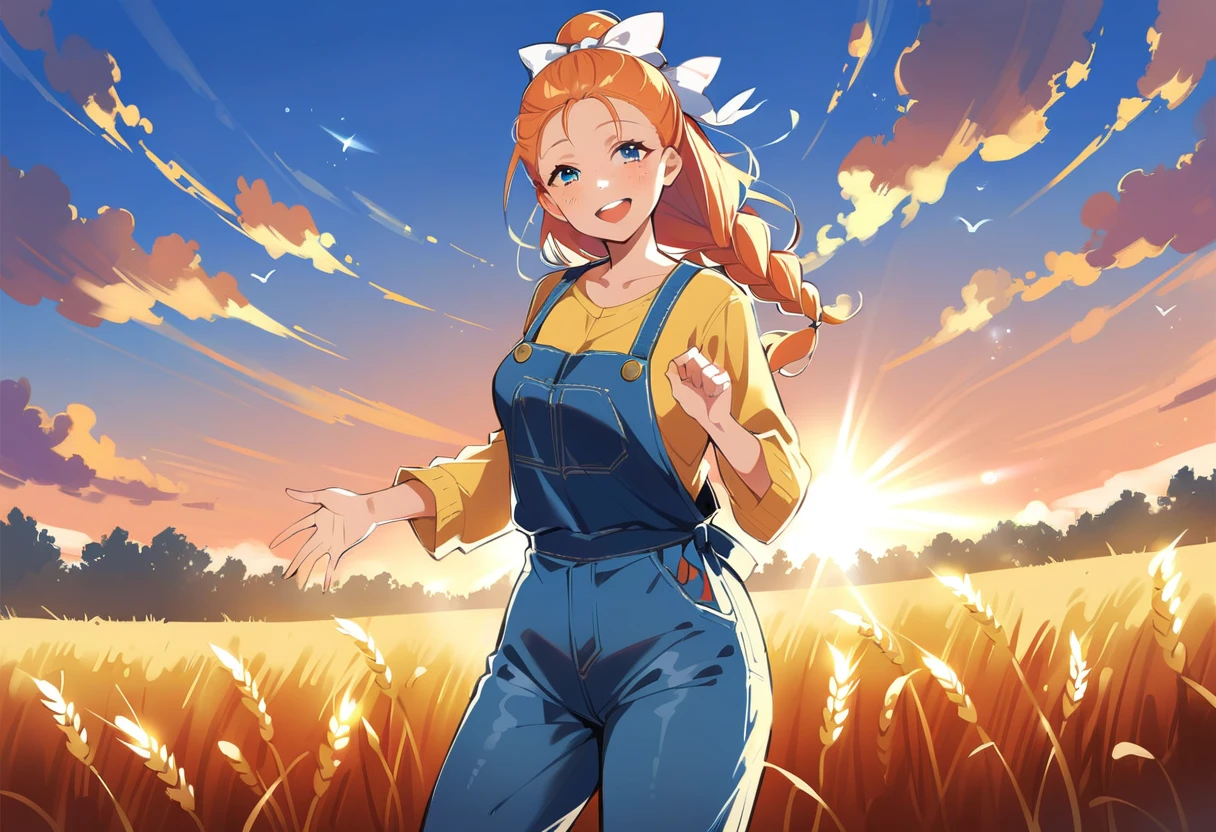 pewarnaan character, visual illustration, @ANN, aged up, 1girl, ponytail, braid, braided ponytail, single braid, forehead, solo, (overalls), outdoors, sky, wheat, field, (blue overalls), smile, blue eyes, wheat field, looking at viewer, breasts, long sleeves, yellow shirt, orange hair, blonde hair, cowboy shot, collarbone, collared shirt, cleavage, denim, upper teeth only, medium breasts, standing, teeth, oversized clothes, long hair, partially unbuttoned, pants, oversized shirt, buttons, head tilt, flat chest, hair bow, white bow, tomboy, round teeth, plaid shirt, denim overalls, mature female, tall, tall female, slim body, freckles, twilight, cloudy sky, scenery, reaching, grass, floating braid, sunset, cloud, scenery, jeans, bow, hair ribbon, sparkle, sunbeam, light rays, highres, 4k, 8k, ann \(harvest moon\), ran \(bokujou monogatari\)
