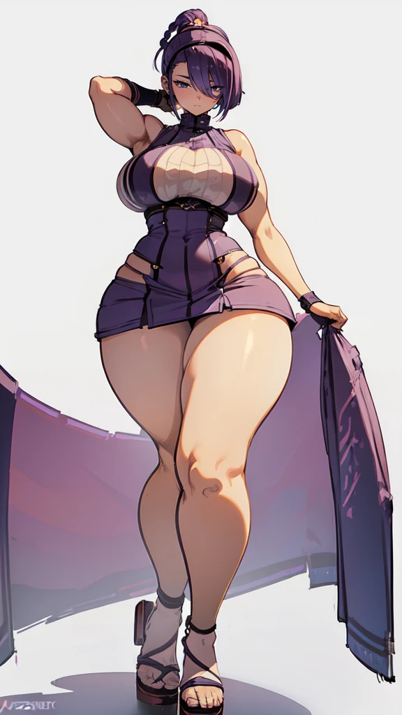 (masterpiece), best quality, female warrior, huge girl, female muscular:1.2, (curvy:1.8), (((blank background))), ((full body)), fingerless gloves, sandals, sleeveless, covered nipples, ((buzzcut hairstyle)), purple hair, hair over eyes, ((very big legs:1.4))